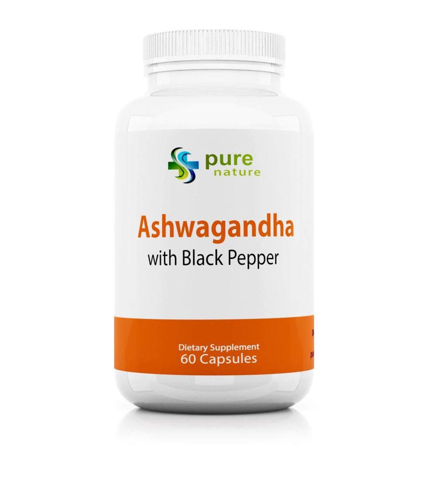 PureNature Organic Ashwagandha 1300mg Root Powder with Black Pepper Extract - 60 Veg Capsules - Buy Online on GoSupps.com