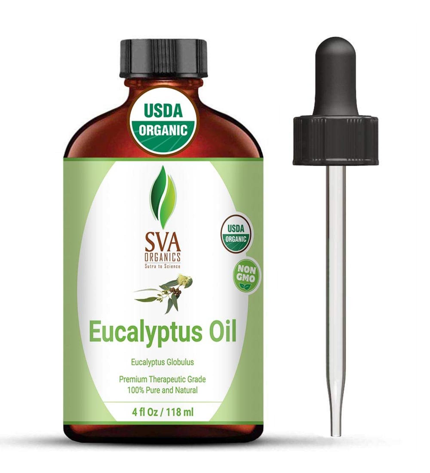 SVA Organics Eucalyptus Essential Oil 4 Oz USDA Organic - 100% Pure & Natural for Diffuser, Aromatherapy, Face, Body & Hair Care - Buy Online on GoSupps.com