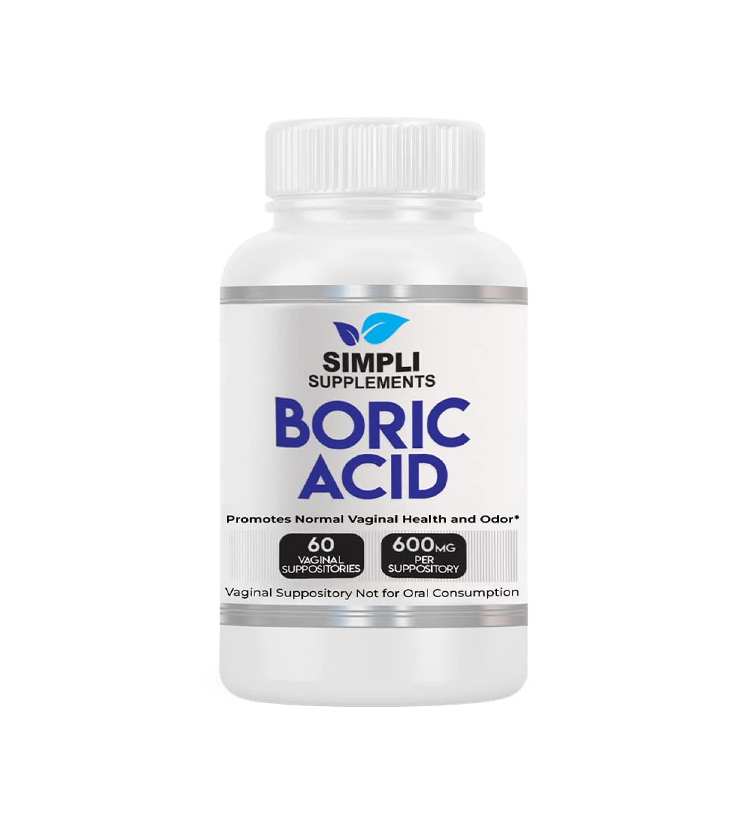 Simpli Supplements Boric Acid 600mg Vaginal Suppository for Women - USA Made Treatment for Vaginal Infections & PH Balance - Buy Online on GoSupps.com