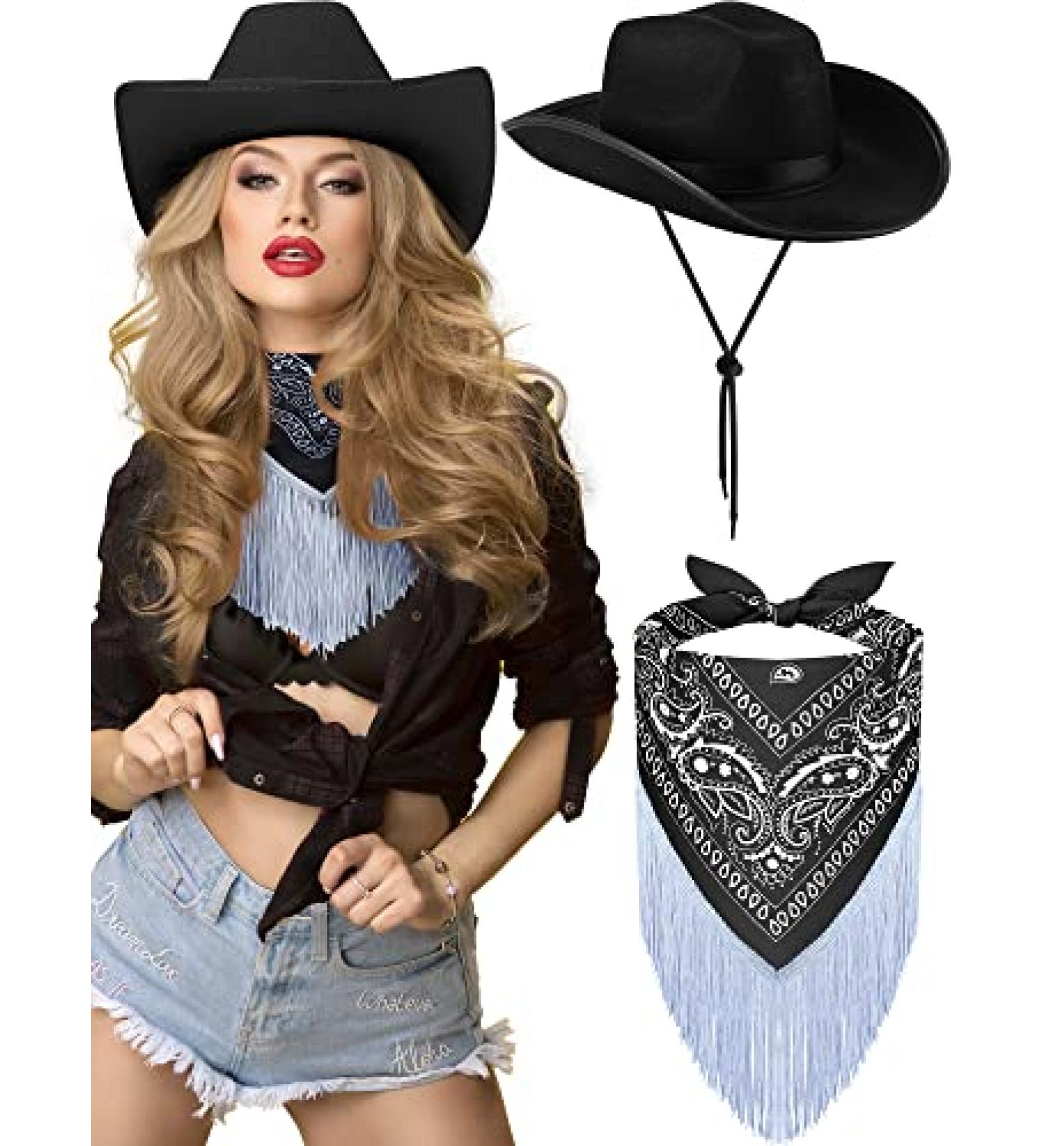 Cowboy Hat Disco Fringed Bandana | Adjustable Neck String | Paisley Bandanas for Women Men - Black - Buy Online on GoSupps.com
