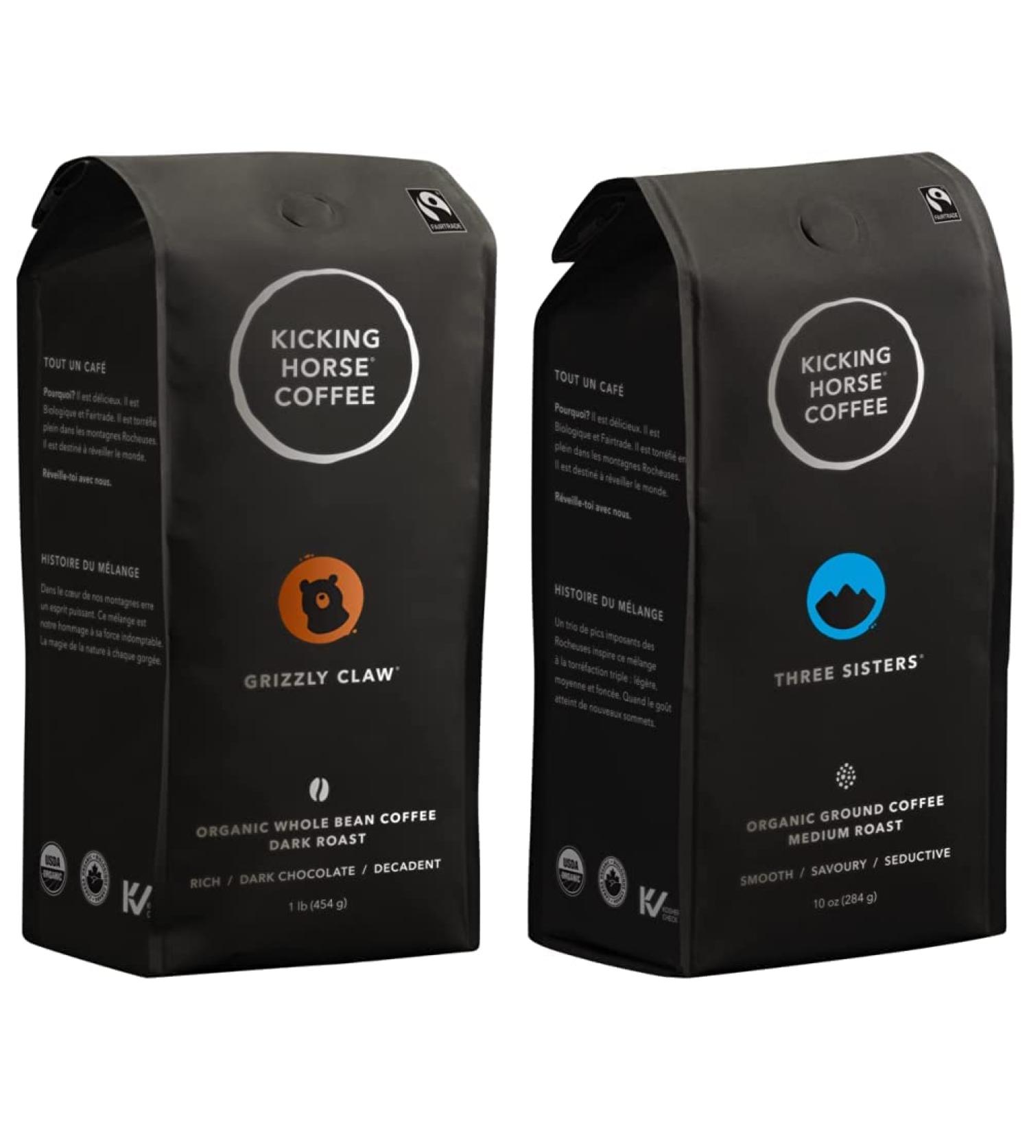 Kicking Horse Coffee Grizzly Claw Dark Roast Whole Bean 1 lb - Certified Organic Fairtrade & Three Sisters Medium Roast Ground 284 g - Certified Organic Fairtrade Kosher Coffee - Buy Online on GoSupps.com