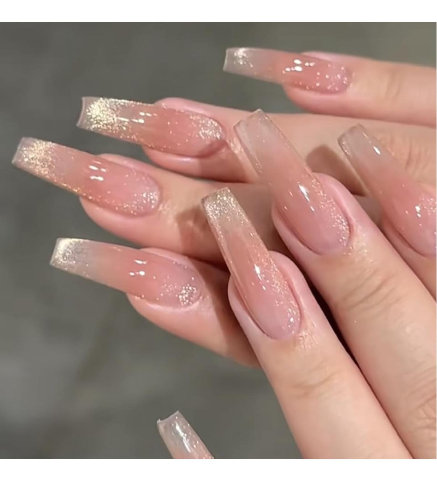 French Tip Press on Nails - Long Square Press On Nails with Nail Tips Powder blusher French false nail cat eye Design Glossy white press on nails Acrylic False Nails Cute Artificial Nails - Buy Online on GoSupps.com