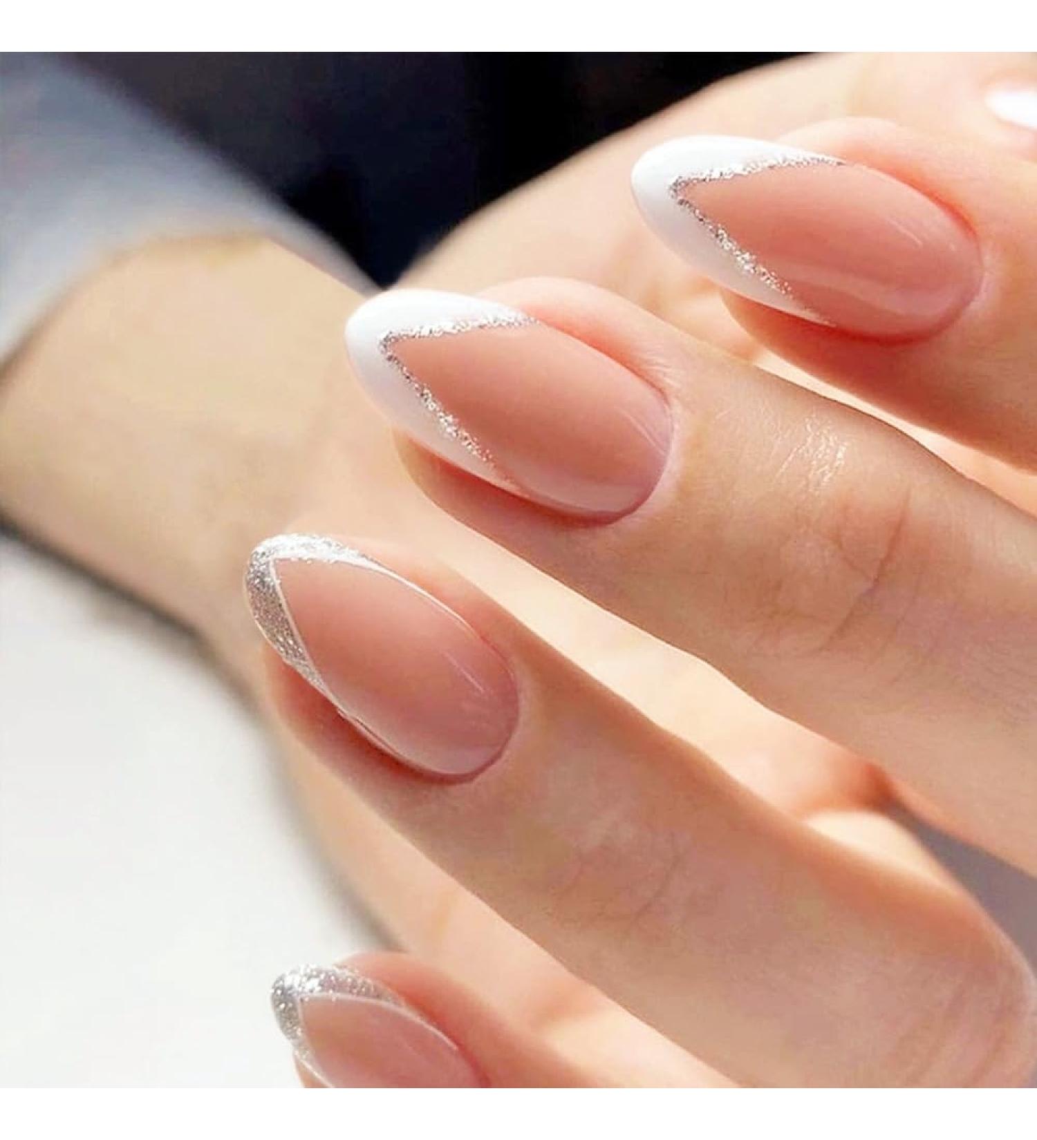 24Pcs White French False Nails - Medium Square Glitter Silver Edge Designs | Press on Nails for Women and Girls - Buy Online on GoSupps.com