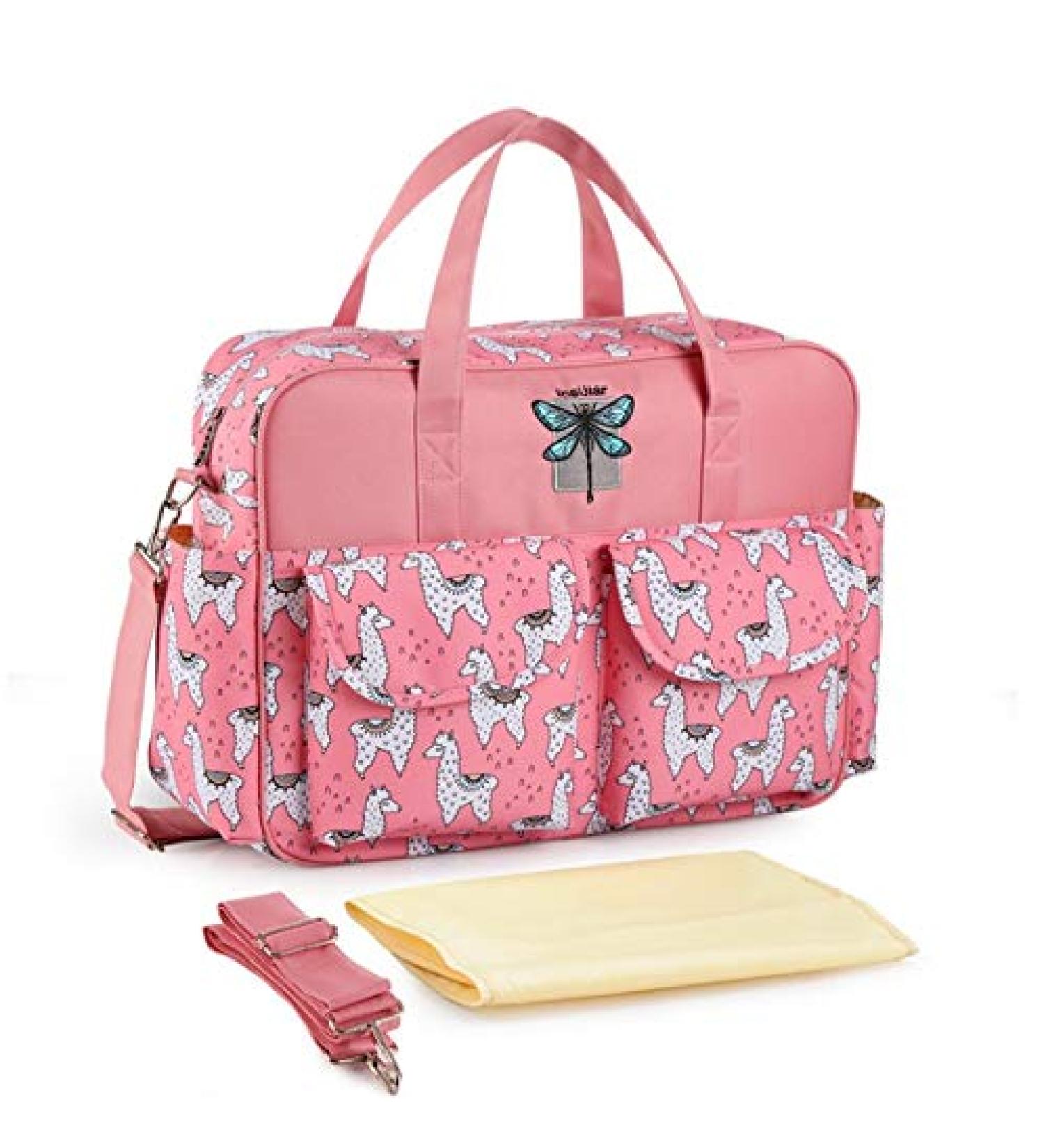 Insular Multifunctional Waterproof Mummy Shoulder Bag Diaper Bag Chic Nappy Changing Bag Tote/Messenger Style Large Light Weight with Changing Mat Adjustable Straps (Lamar Pink)