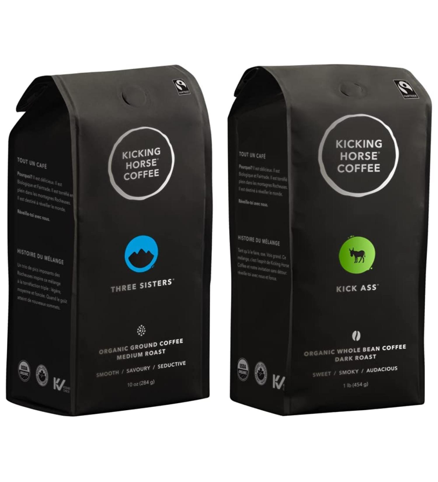Kicking Horse Coffee Three Sisters Medium Roast Ground 284 g - Certified Organic Fairtrade Kosher Coffee & Kicking Horse Coffee Kick Ass Dark Roast Whole Bean 1 lb