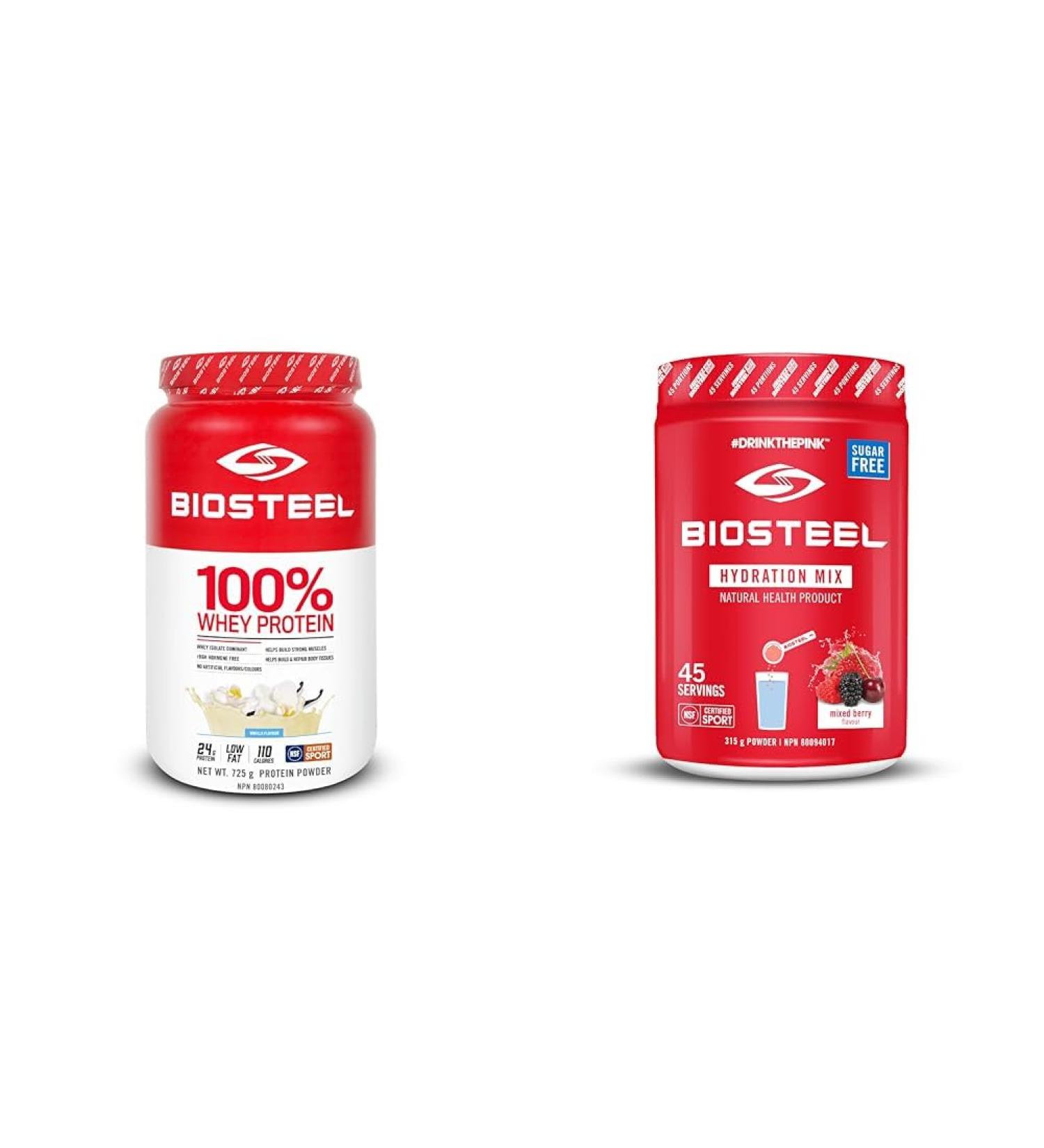 BioSteel 100% Whey Protein Powder rBGH Hormone Free & Hydration Mix Great Tasting Hydration with Zero Sugar and No Artificial Flavours or Preservatives Mixed Berry Flavour 45 Servings per Tub Protein Powder + Mixed Berry Flavour Vanilla 725 g (Pack of 1) - Buy Online on GoSupps.com
