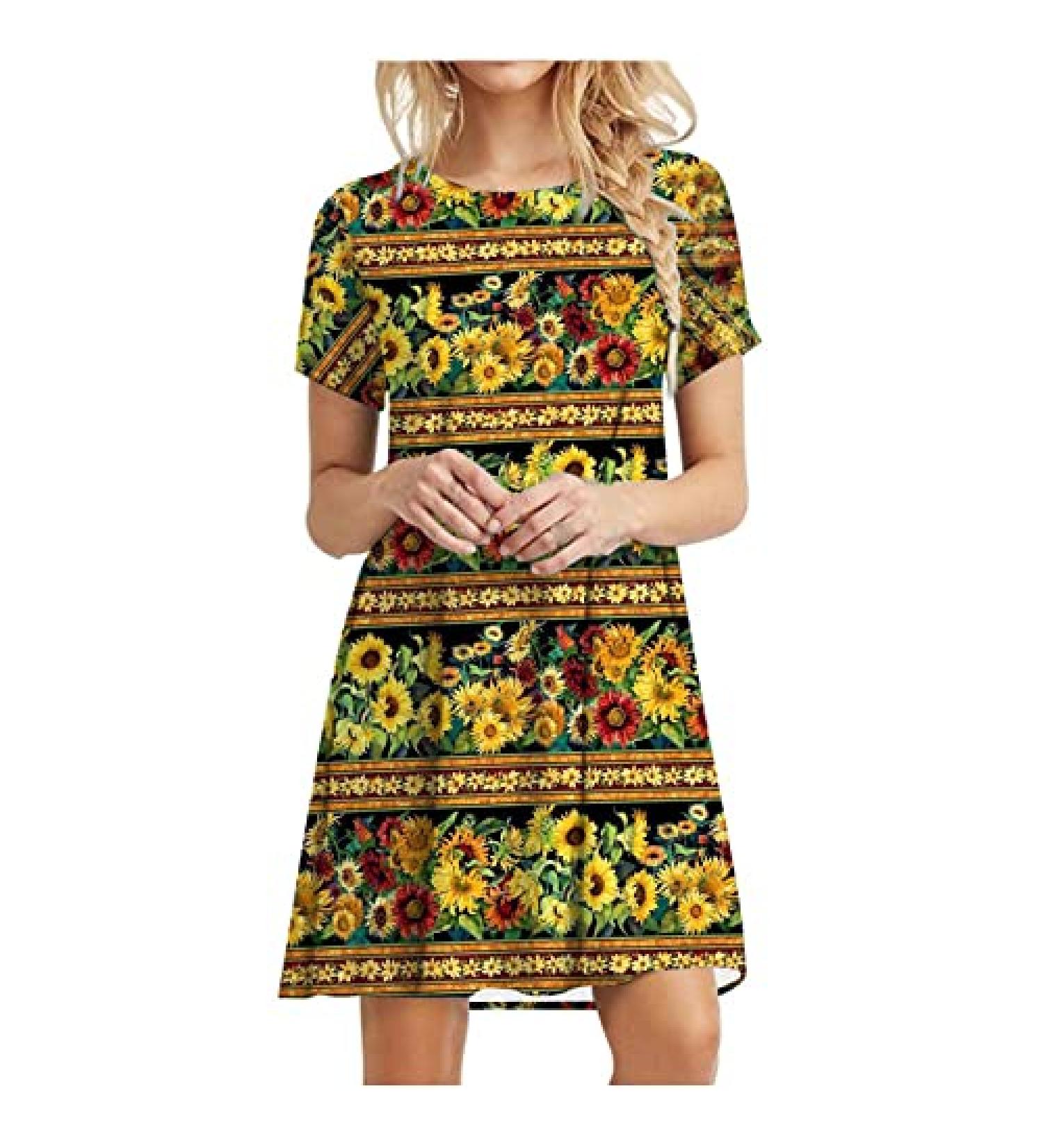 2022 Women's Casual Crewneck Tshirt Dress - Yellow Large, Tropical Print Boho Beach Sundress - Buy Online on GoSupps.com