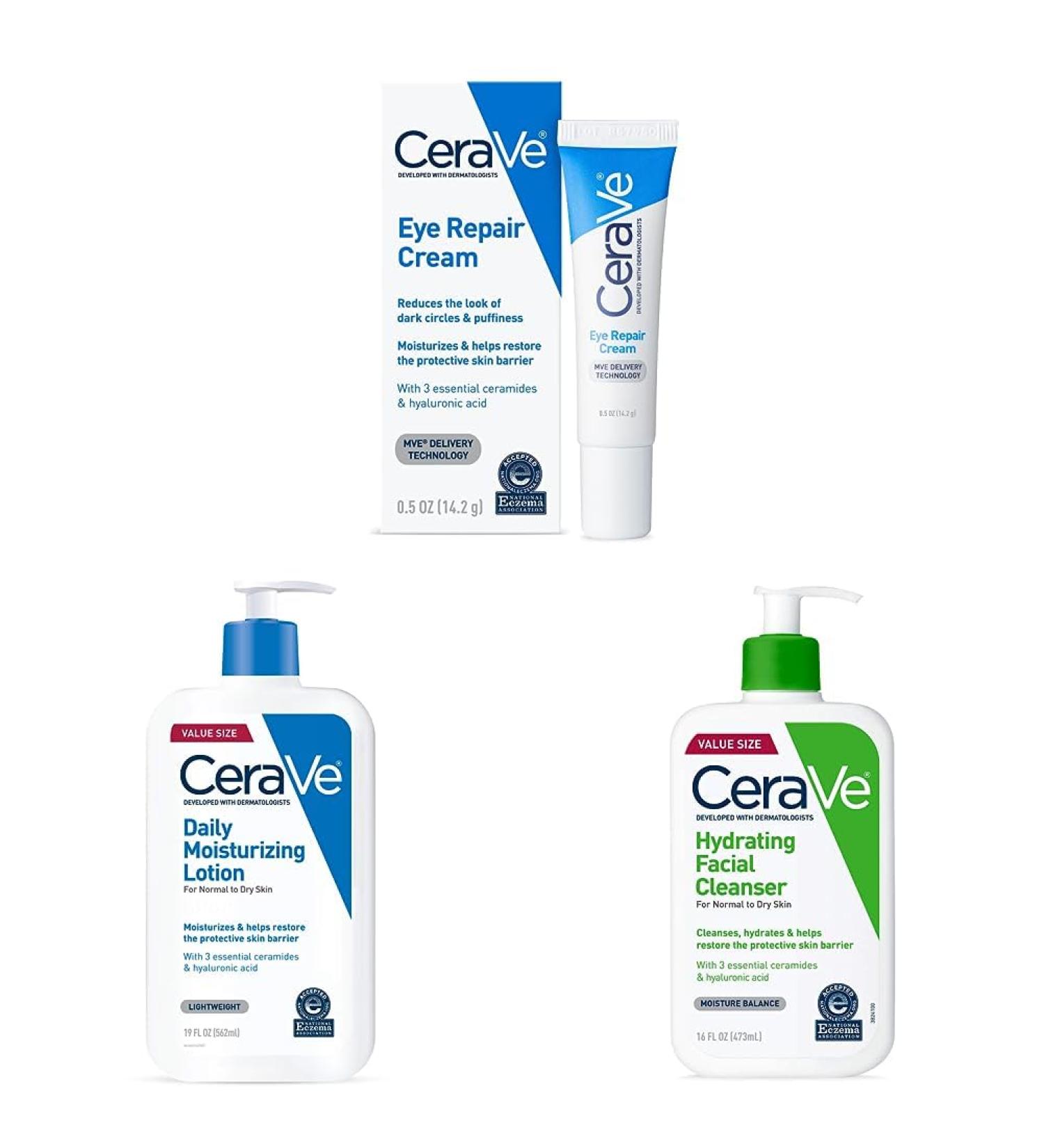 CeraVe Eye Repair Cream | Under Eye Cream| 0.5 Ounce & Daily Moisturizing Lotion | 19 Ounce & Hydrating Facial Cleanser | Moisturizing Non-Foaming Face Wash | 16 Fluid Ounce - Buy Online on GoSupps.com