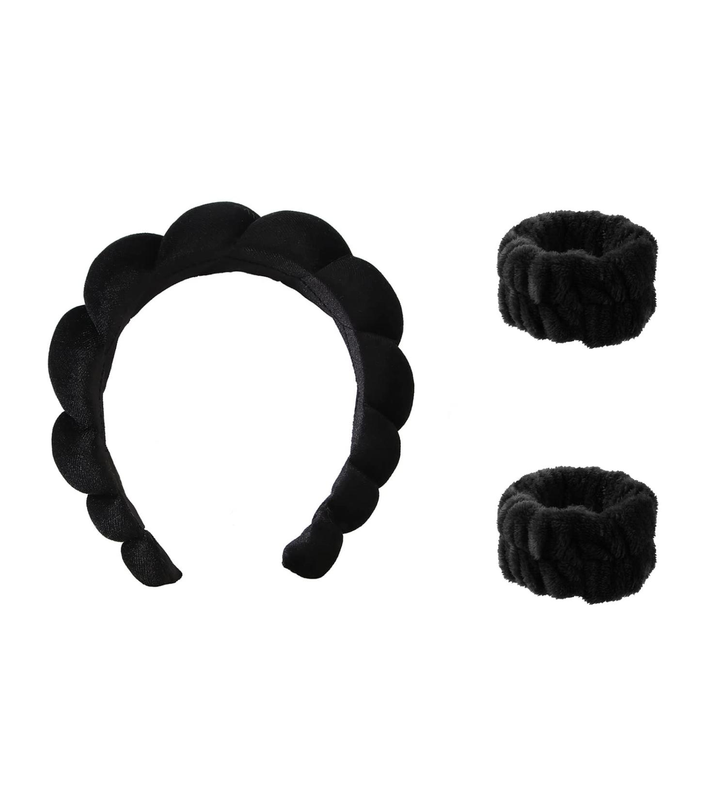 Spa Headband Wrist Washband Wash Set Puffy Headband Bubble Headband for Women Girls Makeup Headband and Wristband for Skincare makeup headband for Washing Face Shower Black - Buy Online on GoSupps.com