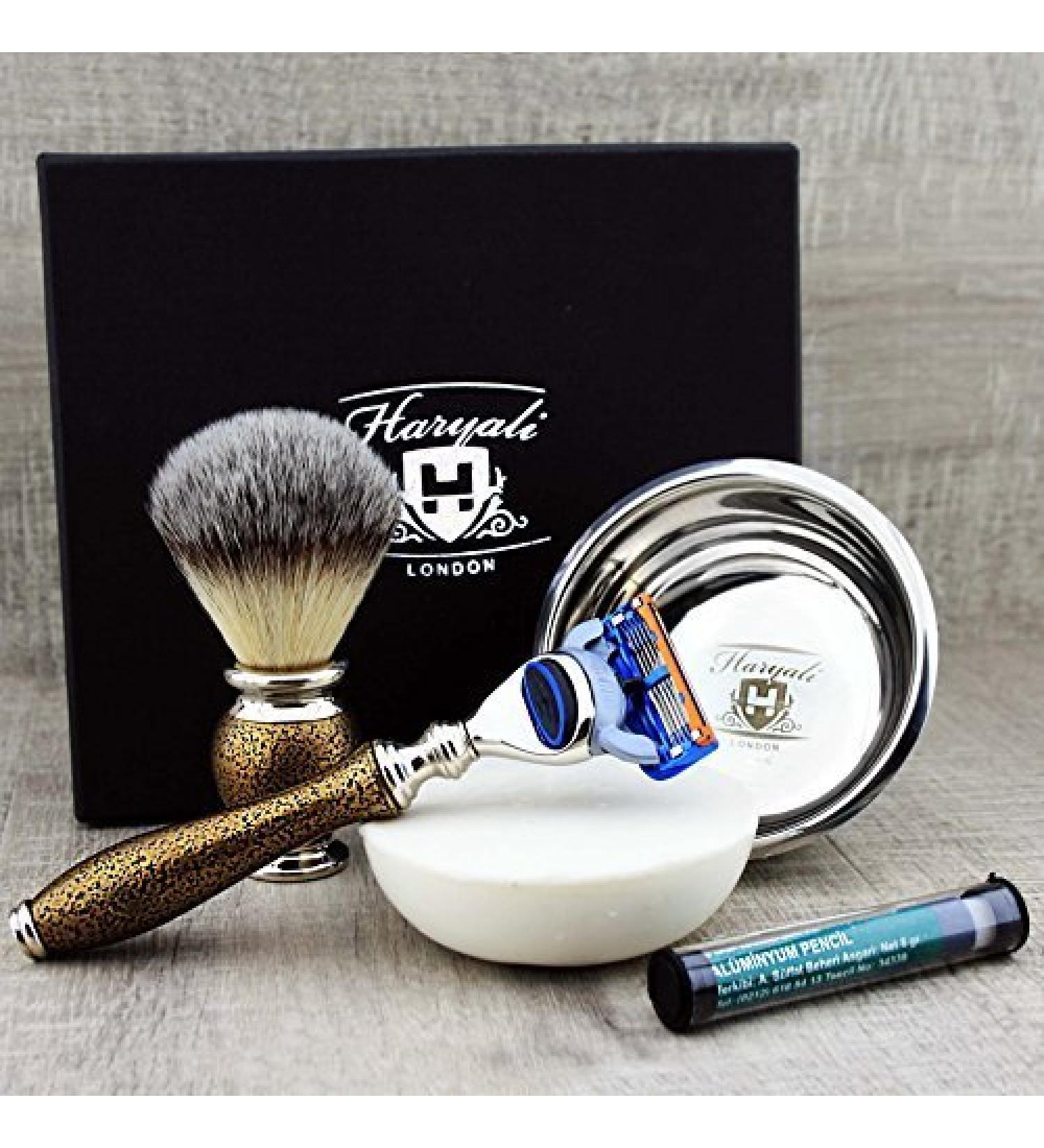 Shop Haryali London Golden Antique Men's Shaving Set | 5 Edge Razor Brush Soap Stand & Alum Stick - Premium International Shipping - Buy Online on GoSupps.com