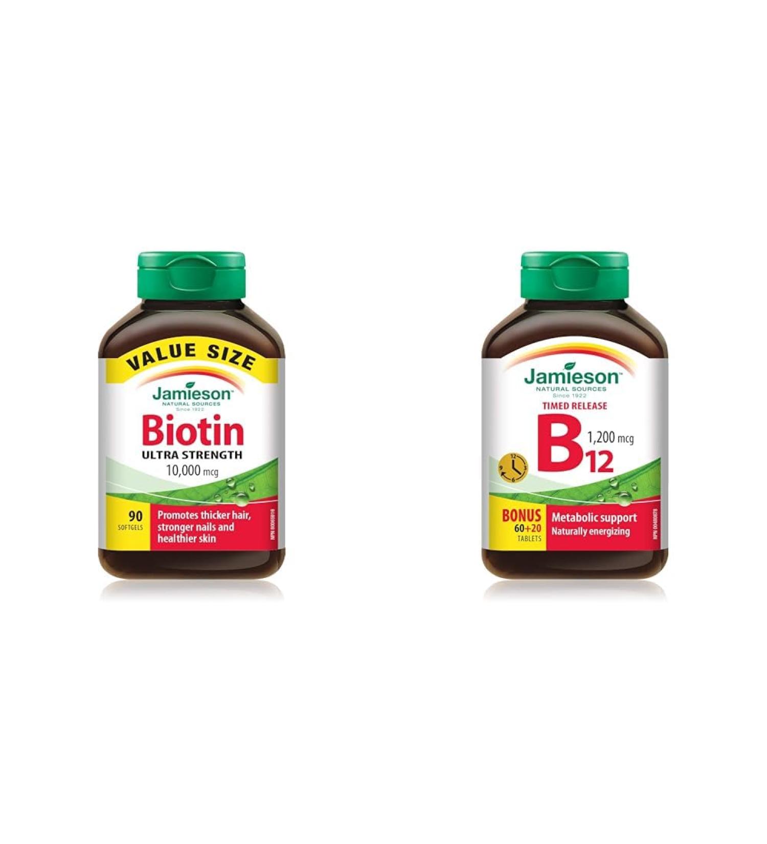 Jamieson Biotin 10 000 mcg Ultra Strength Softgels (90 Count) + Vitamin B12 (Cobalamin) 1200mcg Timed Release (80 Tablets) Biotin + Vitamin B12 (Cobalamin) - Buy Online on GoSupps.com