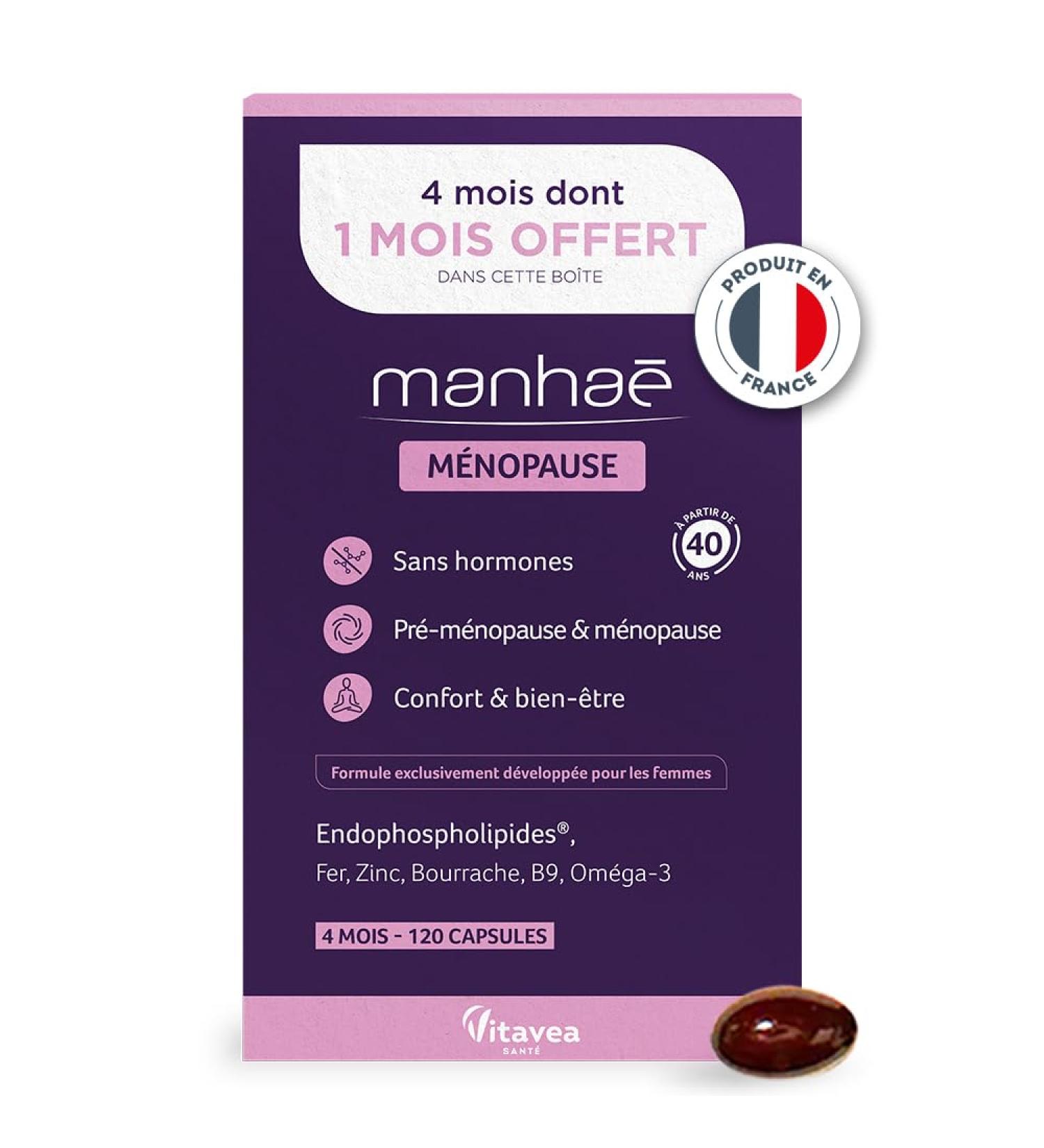 Vitavea Manhae Menopause Dietary Supplement Pre-Menopause Hormone Free Comfort & Well-Being Folic Acid Omega 3 Zinc Iron - 120 Capsules - 4 Month Cure - Made in France - Buy Online on GoSupps.com