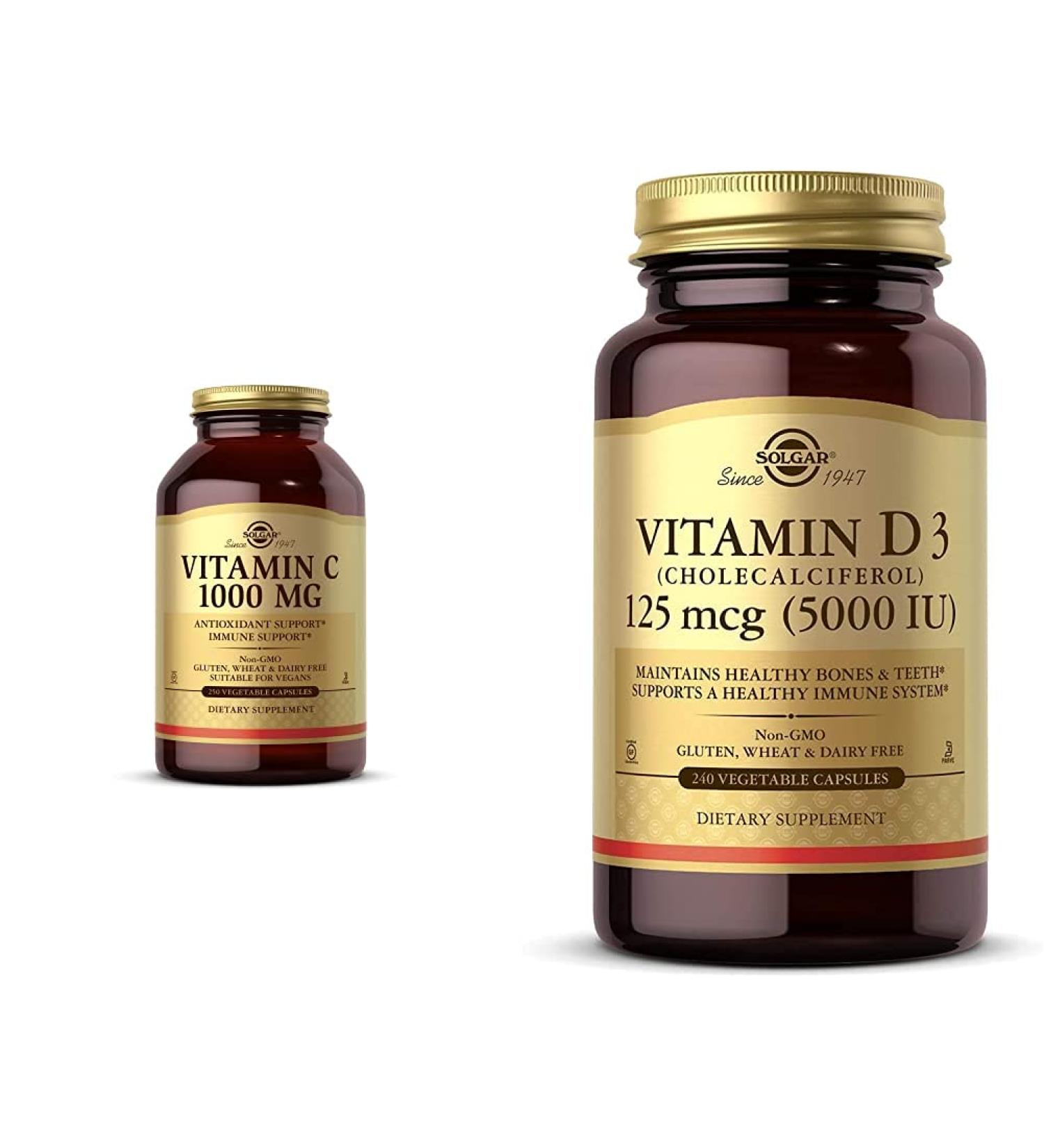 Solgar Vitamin C 1000 mg 250 Vegetable Capsules - Antioxidant & Immune Support - Overall Health - H with Vitamin D3 (Cholecalciferol) 125 mcg (5 000 IU) Vegetable Capsules - 240 Count
