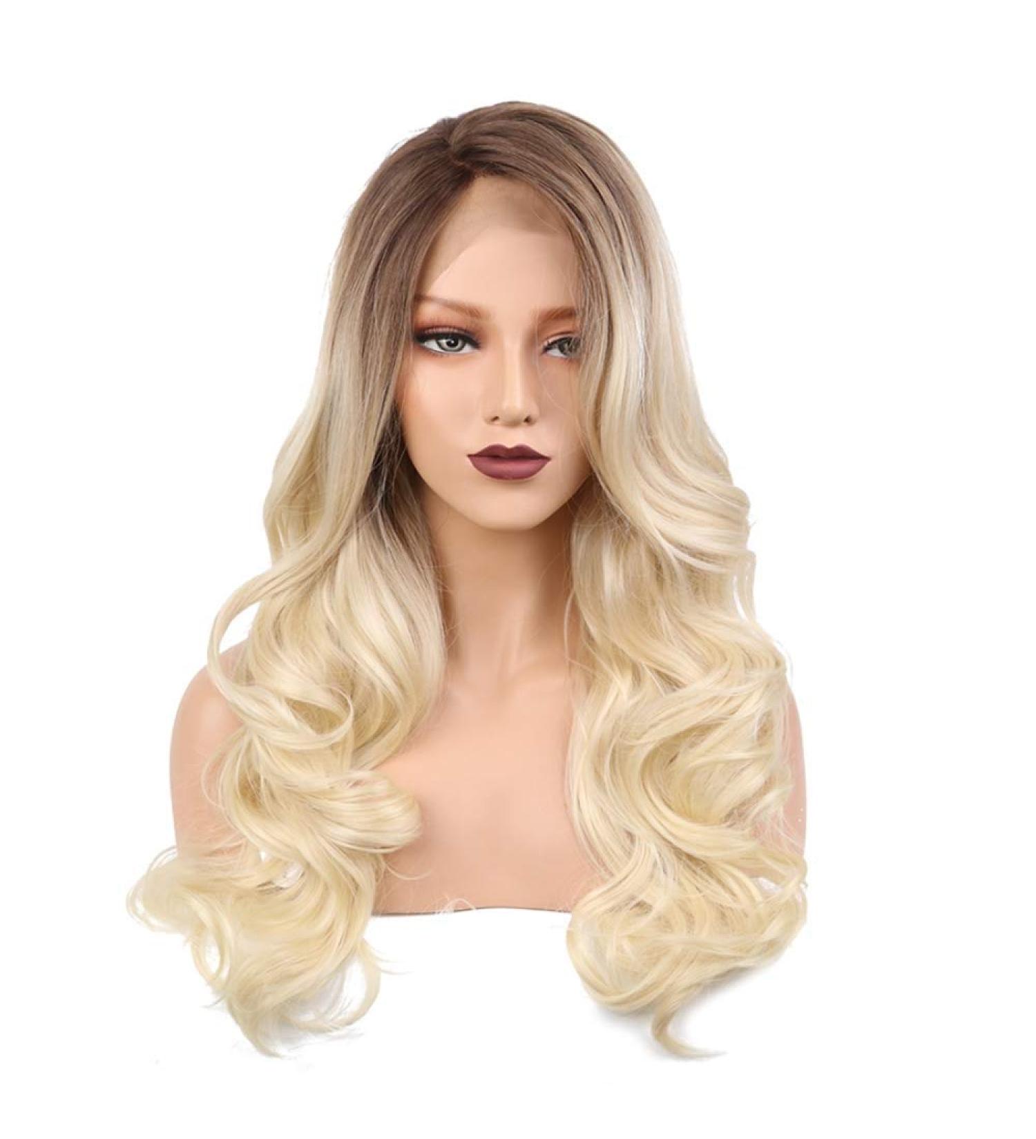 SHIYID Side Part Long Body Wave Synthetic Blonde Lace Front Wig - Heat Resistant Short Roots High Density - Buy Online on GoSupps.com