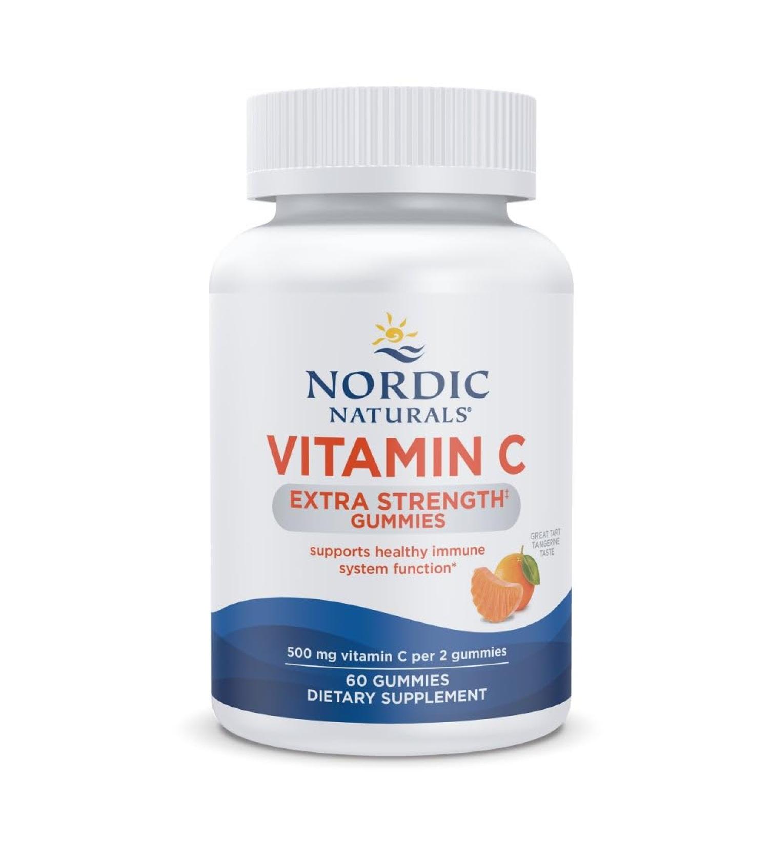Nordic Naturals Vitamin C Extra Strength Gummies - Tangerine Flavor - 60 Gummies - 500 mg Vegan Vitamin C Supplement - Low-Sugar Immune - Support - 30 Servings - Buy Online on GoSupps.com