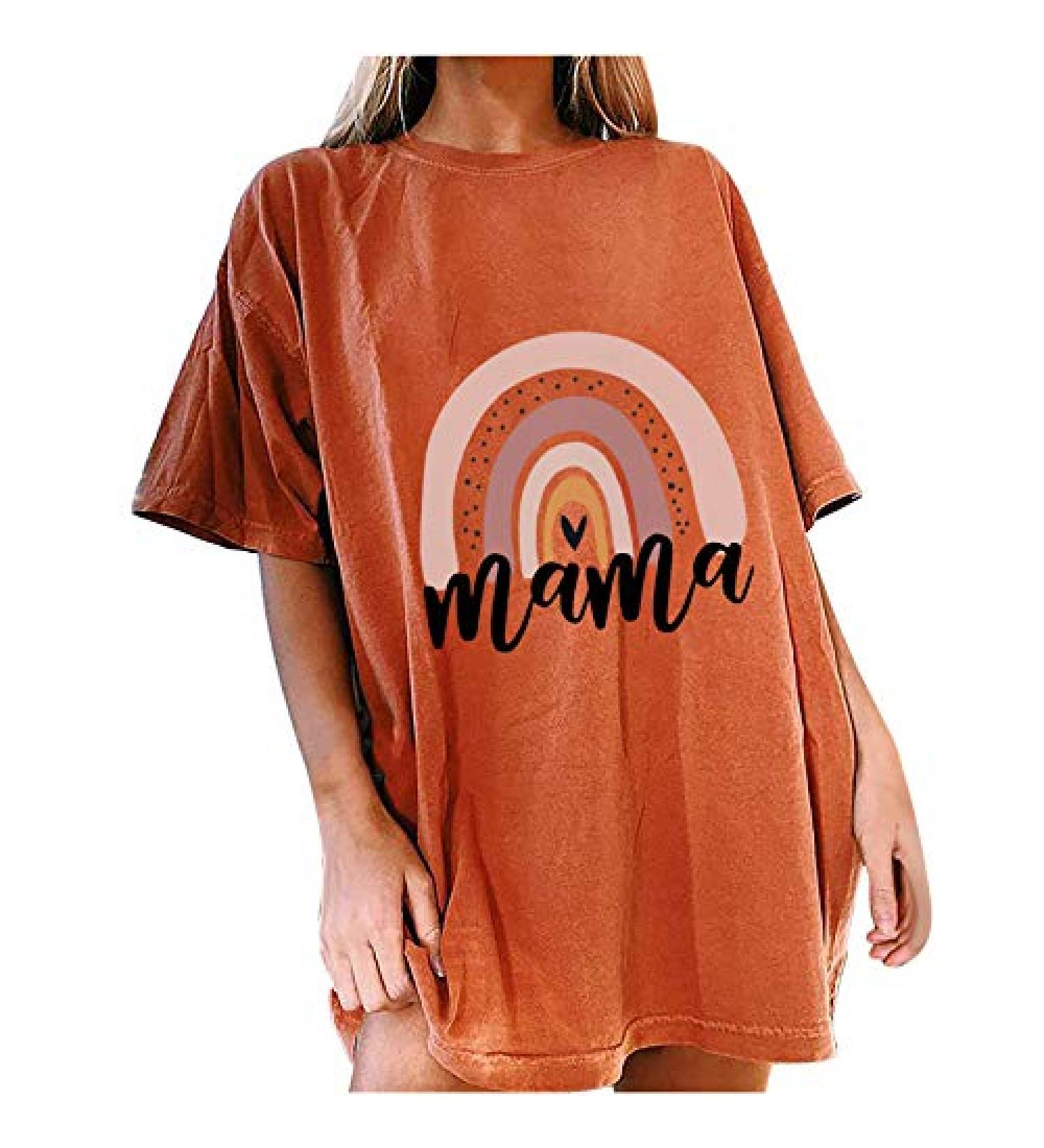 Mama Rainbow Print T Shirt for Women - Funny Letter Graphic Tee - Plus Size Summer Casual Blouse - D-Orange Large - Buy Online on GoSupps.com
