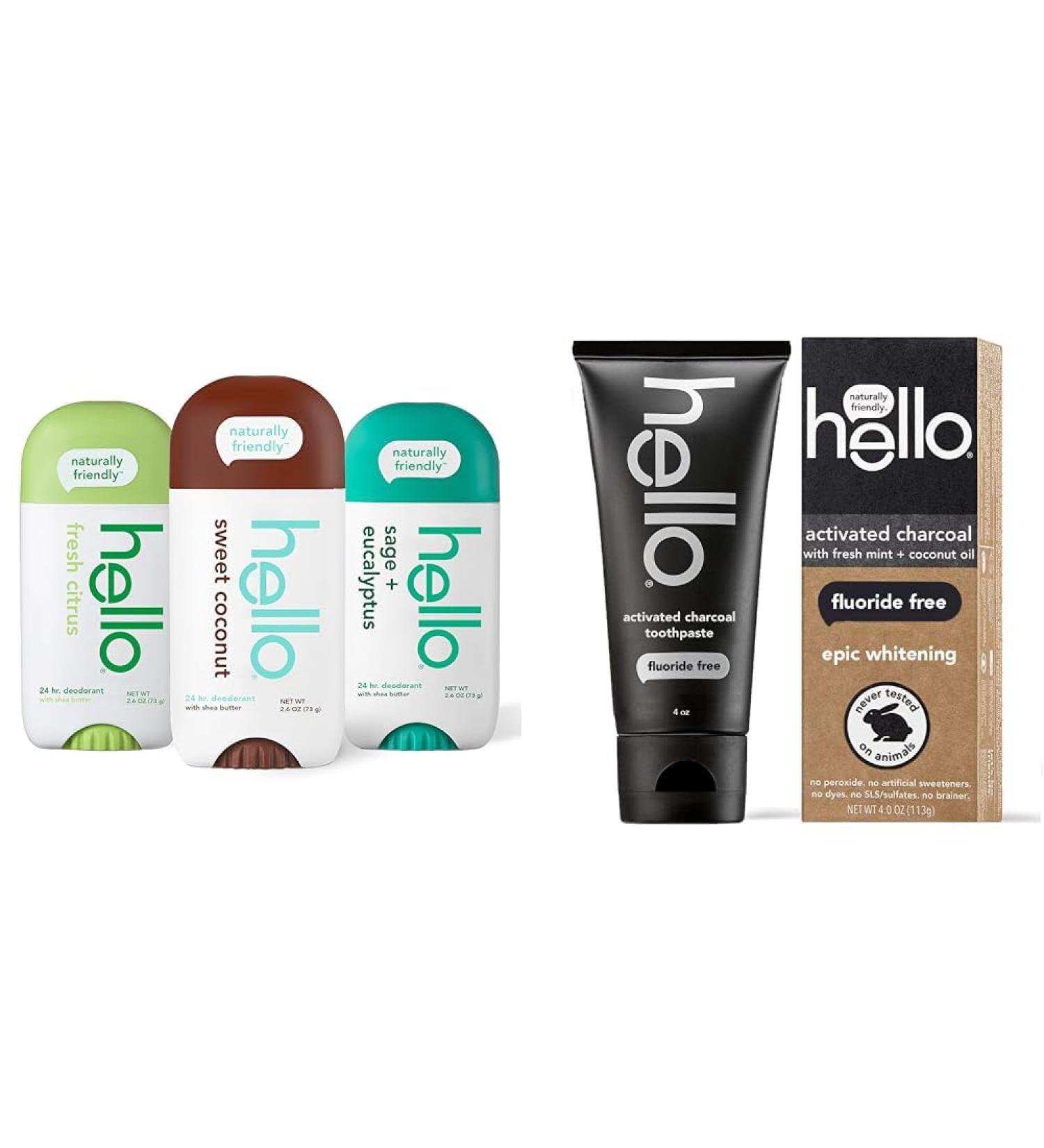 hello Deodorant Variety Pack (Sweet Coconut Fresh Citrus White Sage) & Activated Charcoal Epic Whitening Fluoride Free Toothpaste Fresh Mint + Coconut Oil Vegan & SLS Free - Buy Online on GoSupps.com