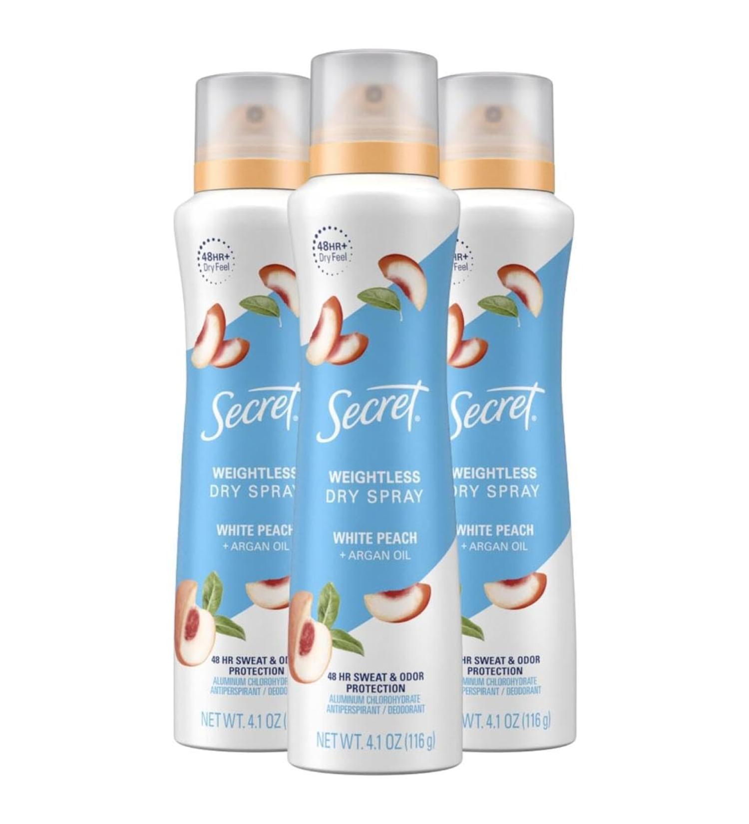 Secret Dry Spray Antiperspirant Deodorant for Women 48hr Weightless Sweat & Odor Protection Gentle on Skin White Peach & Argan Oil Scent 4.1 oz (Pack of 3) White Peach & Argan Oil 4.1 Ounce (Pack of 3) - Buy Online on GoSupps.com