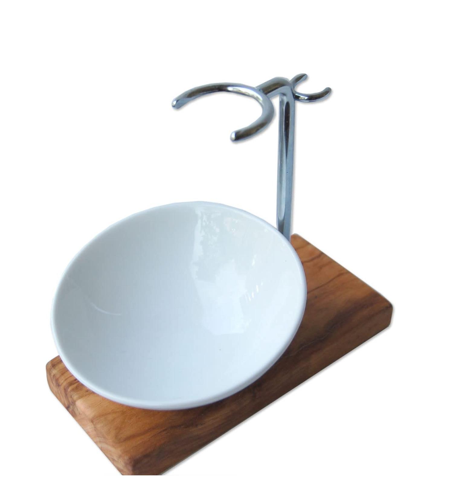 DOM Shaving Brush Holder CLASSIC PLUS | Olive Wood & Porcelain Bowl | 10cm Slanted Design - Premium Shaving Accessories - Buy Online on GoSupps.com