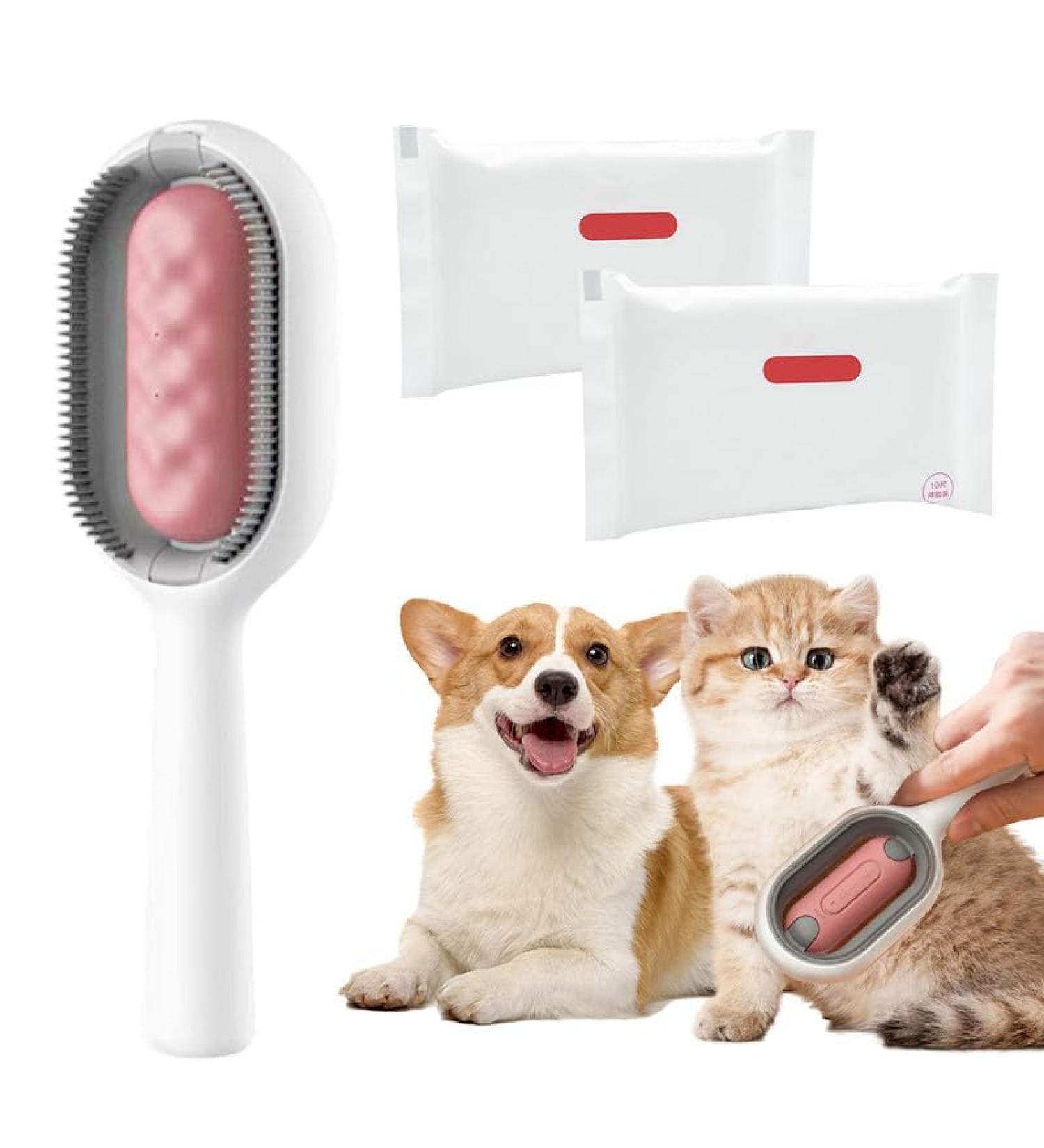 Animal Hair Removal Brush with Water Tank - Pet Hair Remover for Dogs & Cats - Includes 2 Dry Towels - Long-Haired Pink Cleaning Tool - Buy Online on GoSupps.com