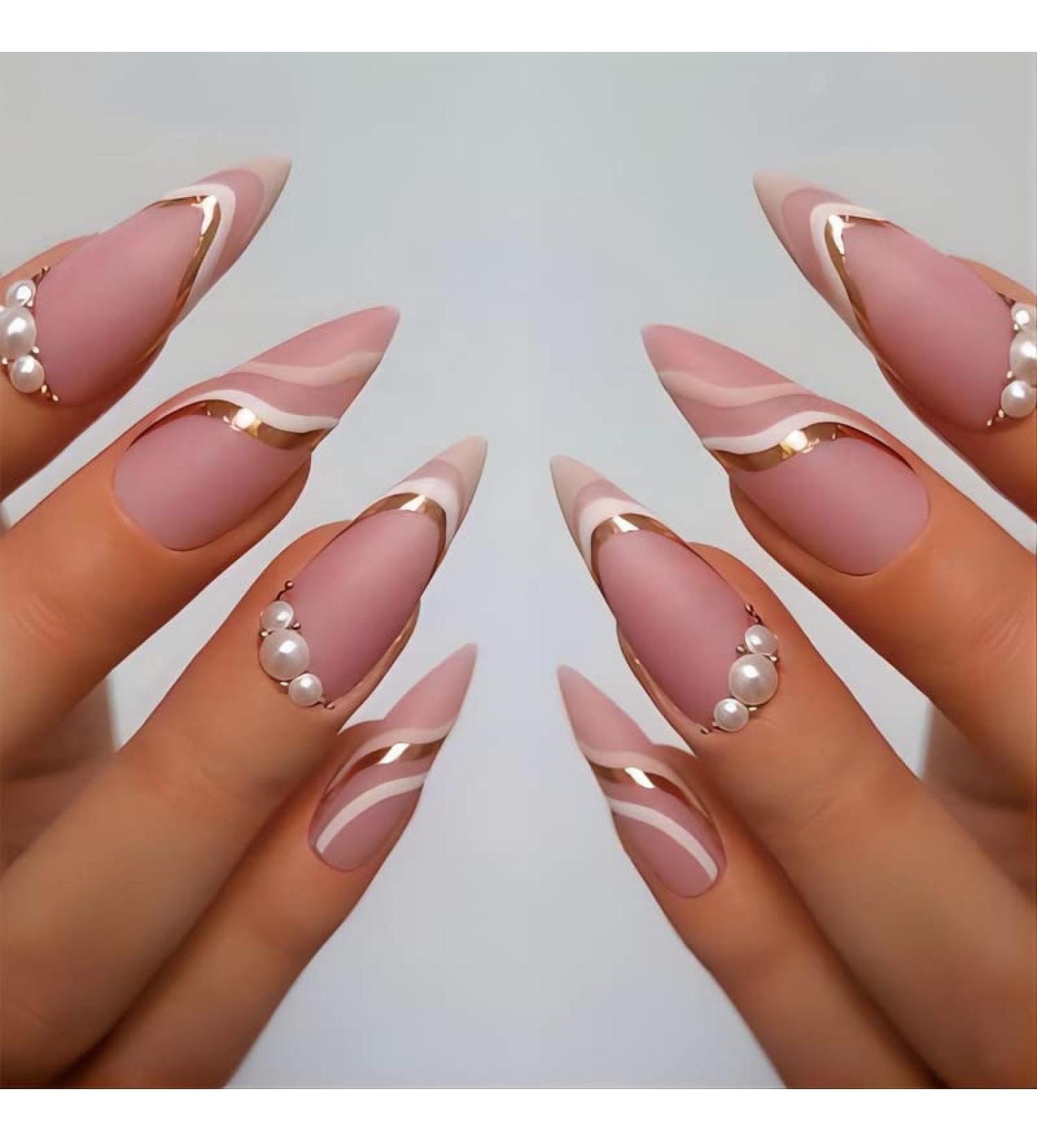 MURISE 24pcs Medium French Pink Press on Nails with Swirl and Pearls | Almond False Nails for Women and Girls - Buy Online on GoSupps.com
