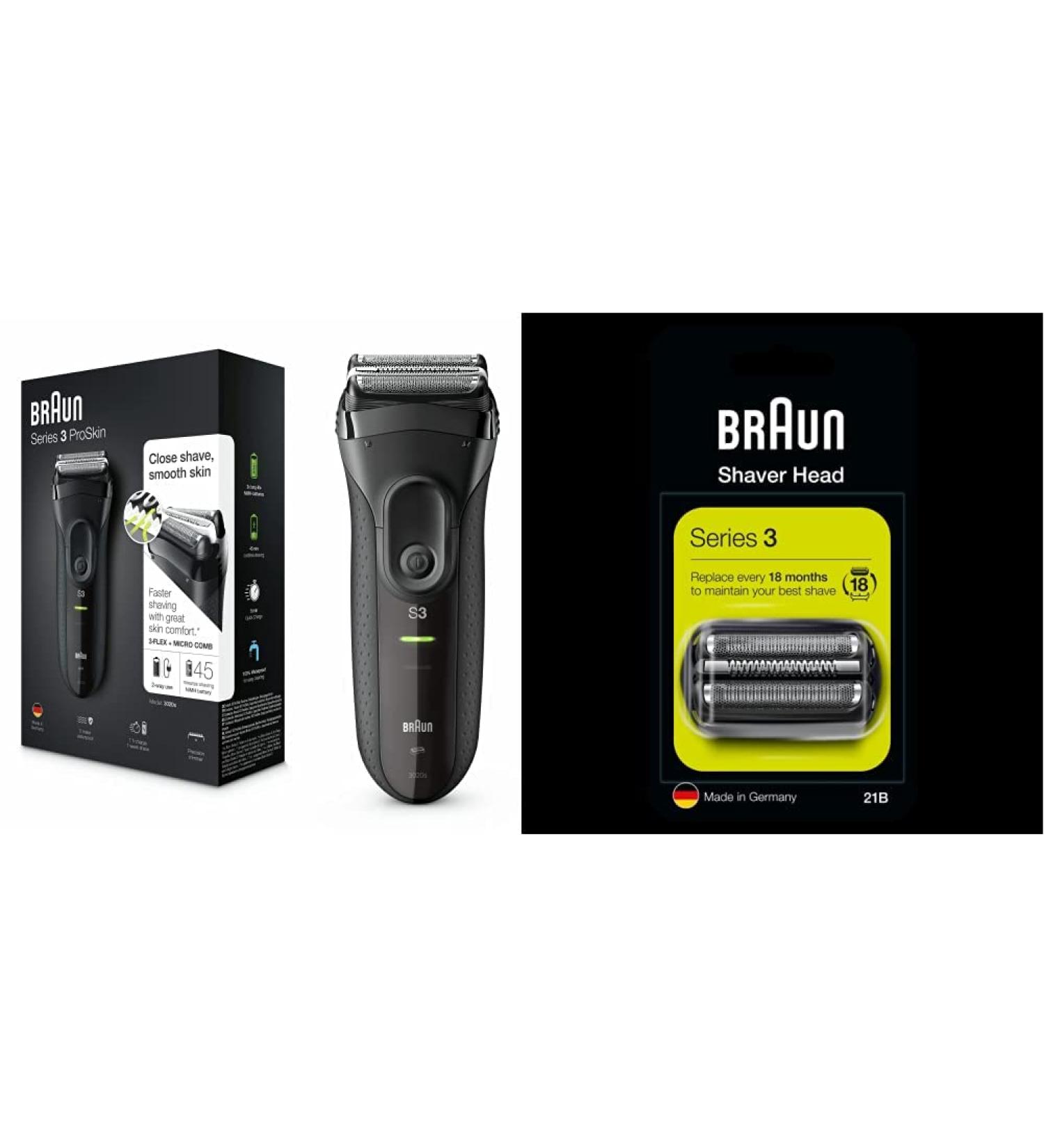Braun Series 3 Proskin Razor 3020s - Rechargeable Wireless Shaver for Men 45 Min Runtime Compatible with Series 3 Shaving Head - Black - Buy Online on GoSupps.com