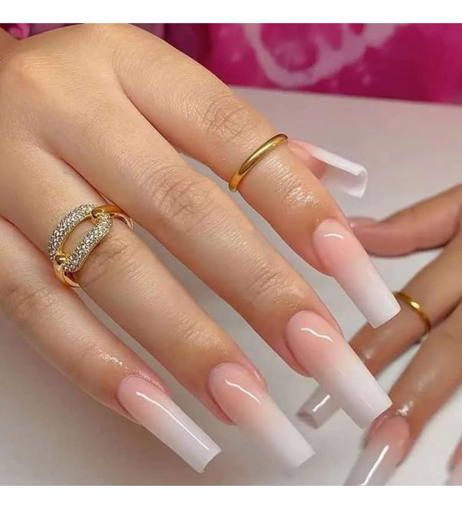 RikView Gradient French Acrylic Press on Nails - Nude Coffin Pink Glossy Square Fake Nails - Buy Online on GoSupps.com