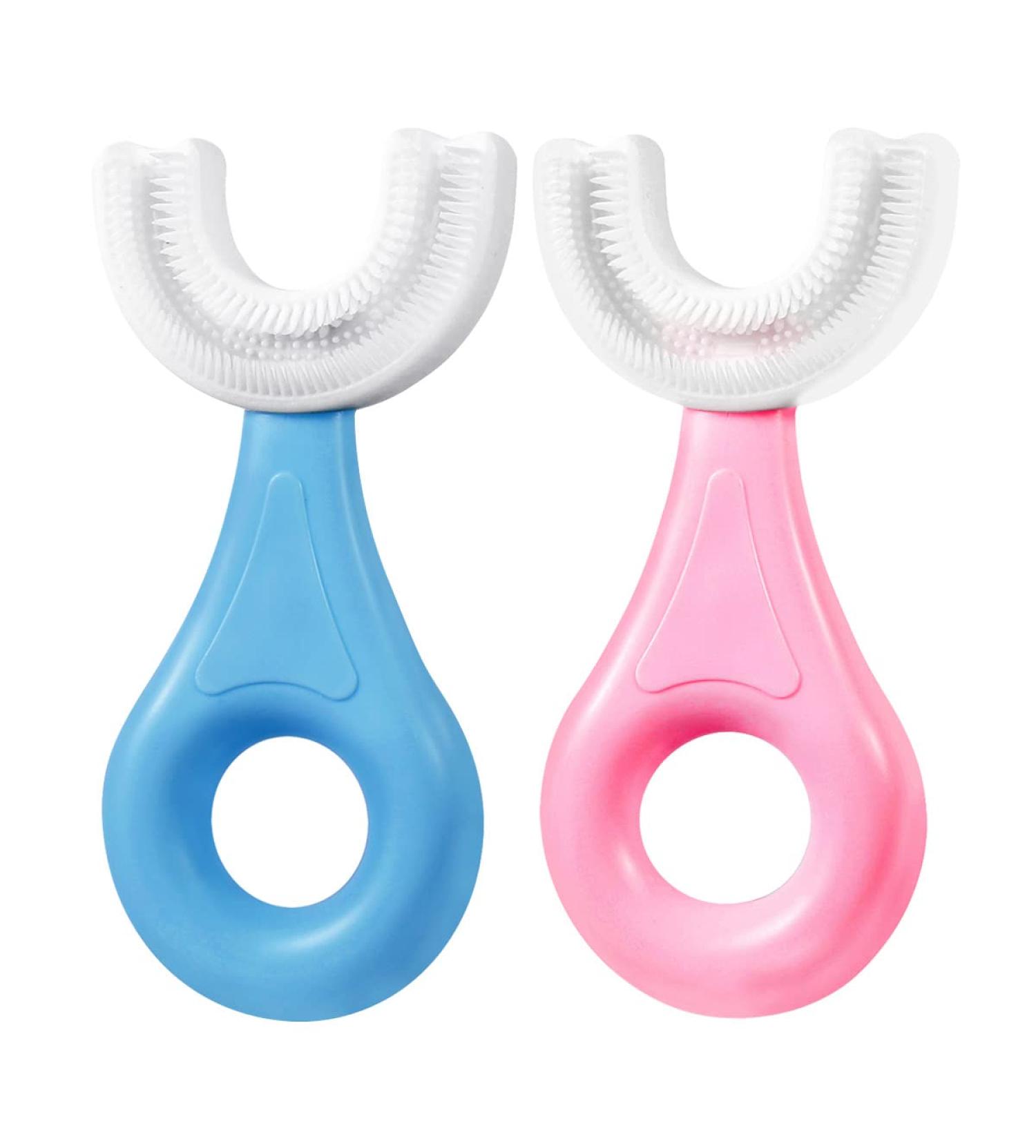 Soobei Kids U-Shaped Silicone Toothbrush for Toddlers and Children (2-6 Ages) - 360 Oral Teeth Cleaning Design - Food Grade Soft Bristles - Pink + Blue (2 Pack) - Buy Online on GoSupps.com