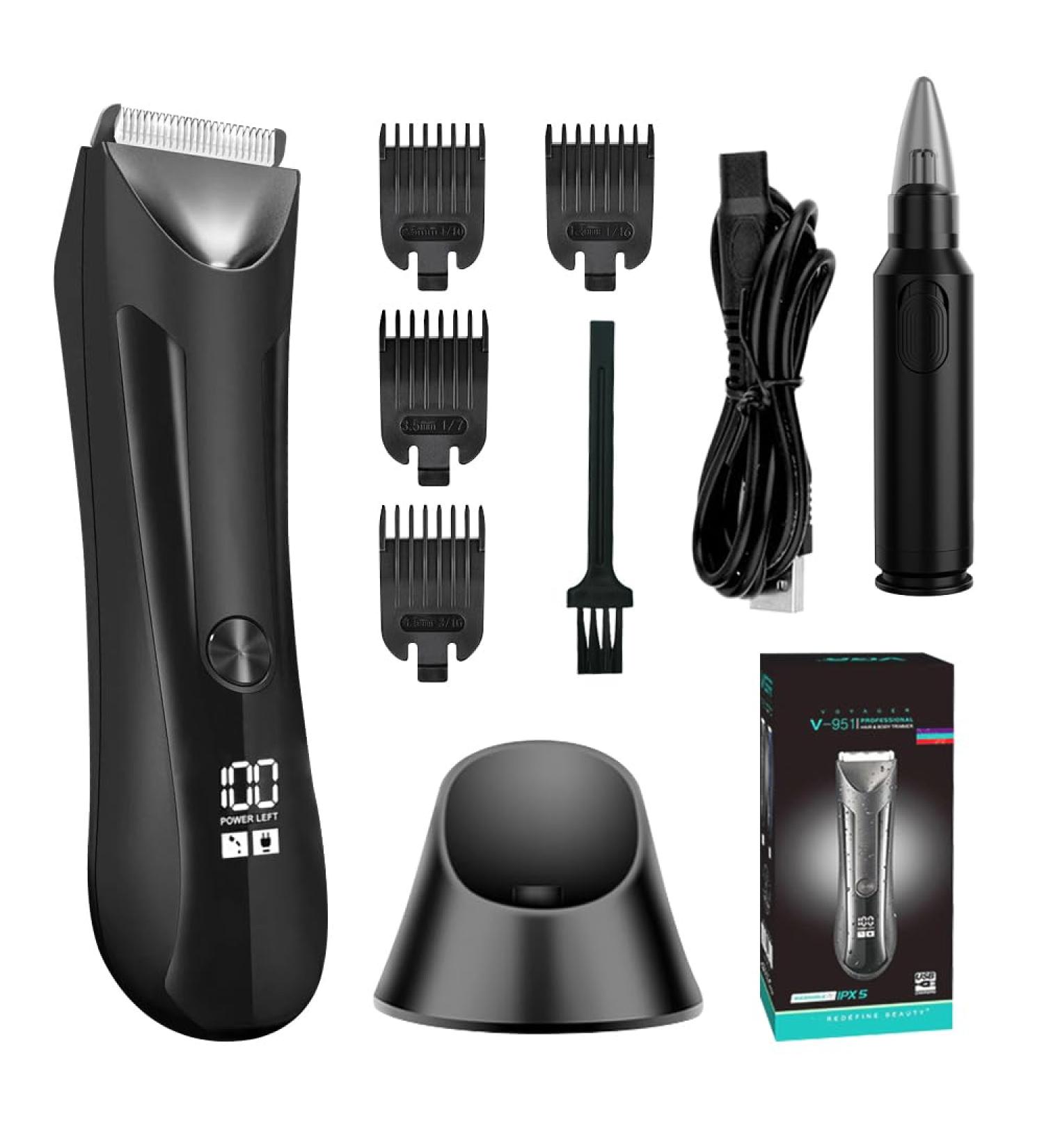 Men's Waterproof Electric Trimmer - IPX5 Groin & Body Groomer with Nose Hair Trimmer & Replaceable Ceramic Blade - Buy Online on GoSupps.com