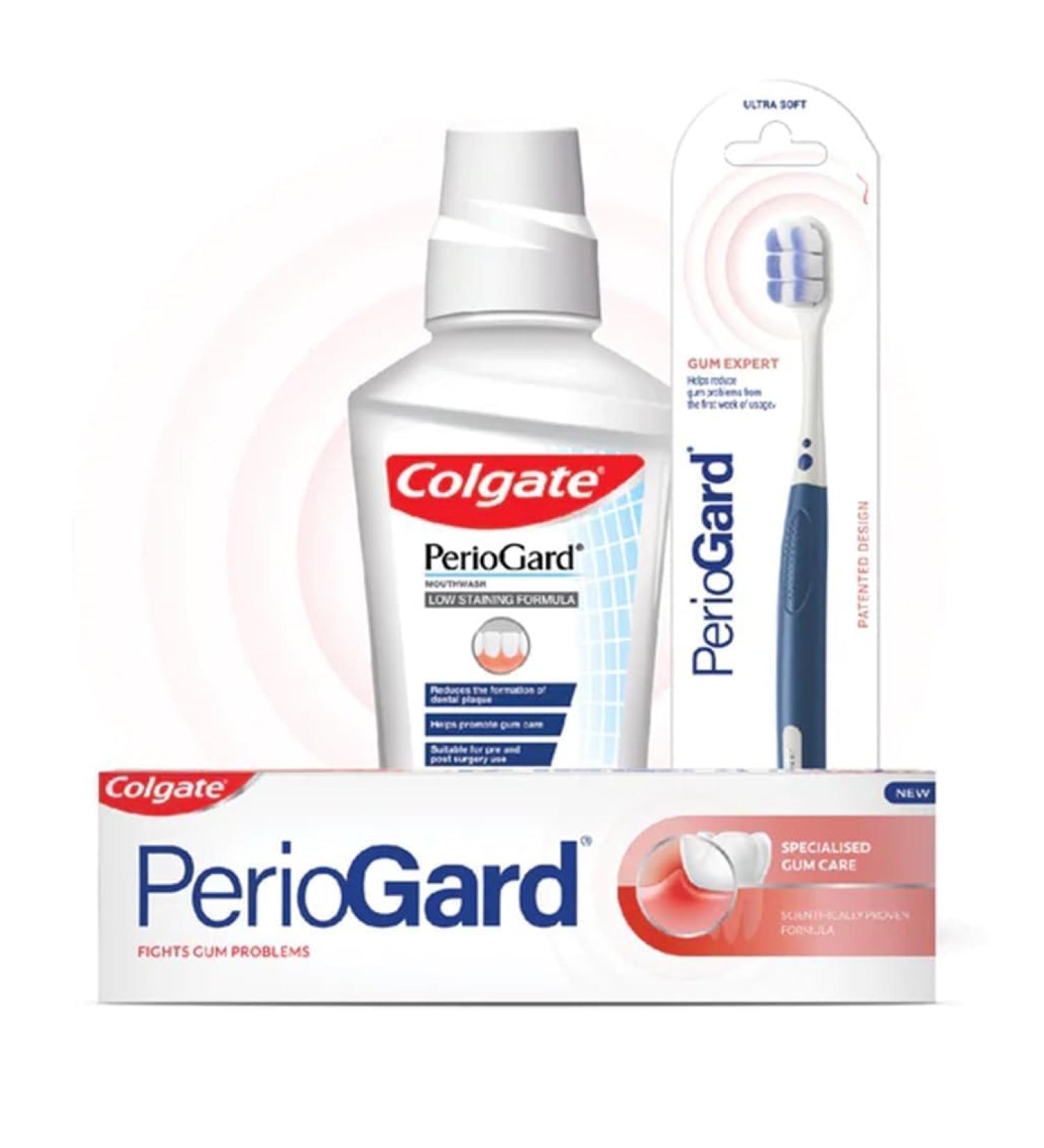 Colgate PerioGard Gum Protection Toothpaste & Mouthwash Set | 90g Toothpaste 250ml Mouthwash & Perioguard Toothbrush - Fight Plaque & Keep Gums Healthy - Buy Online on GoSupps.com