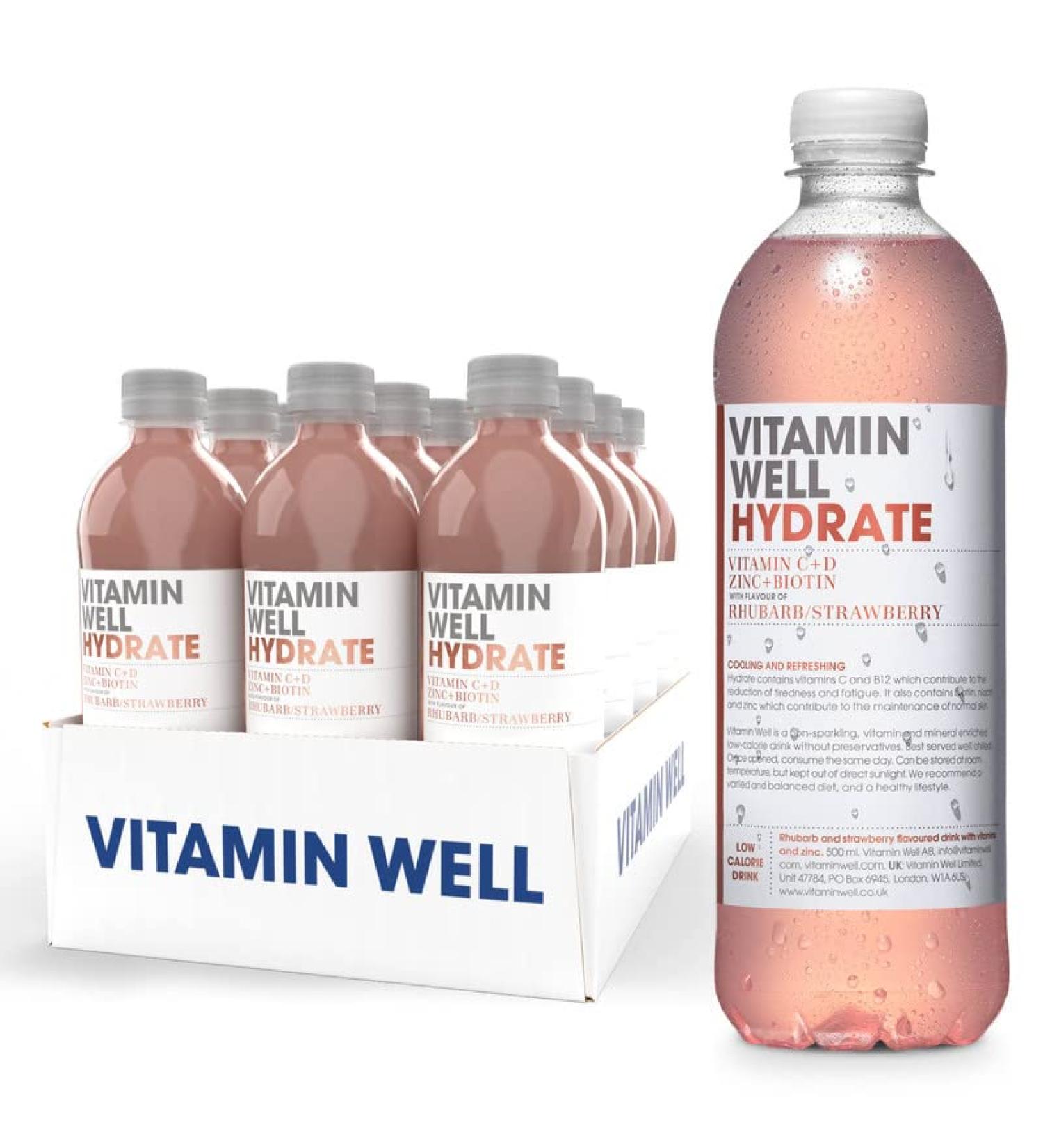 Vitamin Well - Functional flavoured water low calorie still drinks with vitamins & minerals. vitamin c vitamin d zinc biotin HYDRATE Rhubarb/Strawberry 12 bottles x 500ml - Buy Online on GoSupps.com