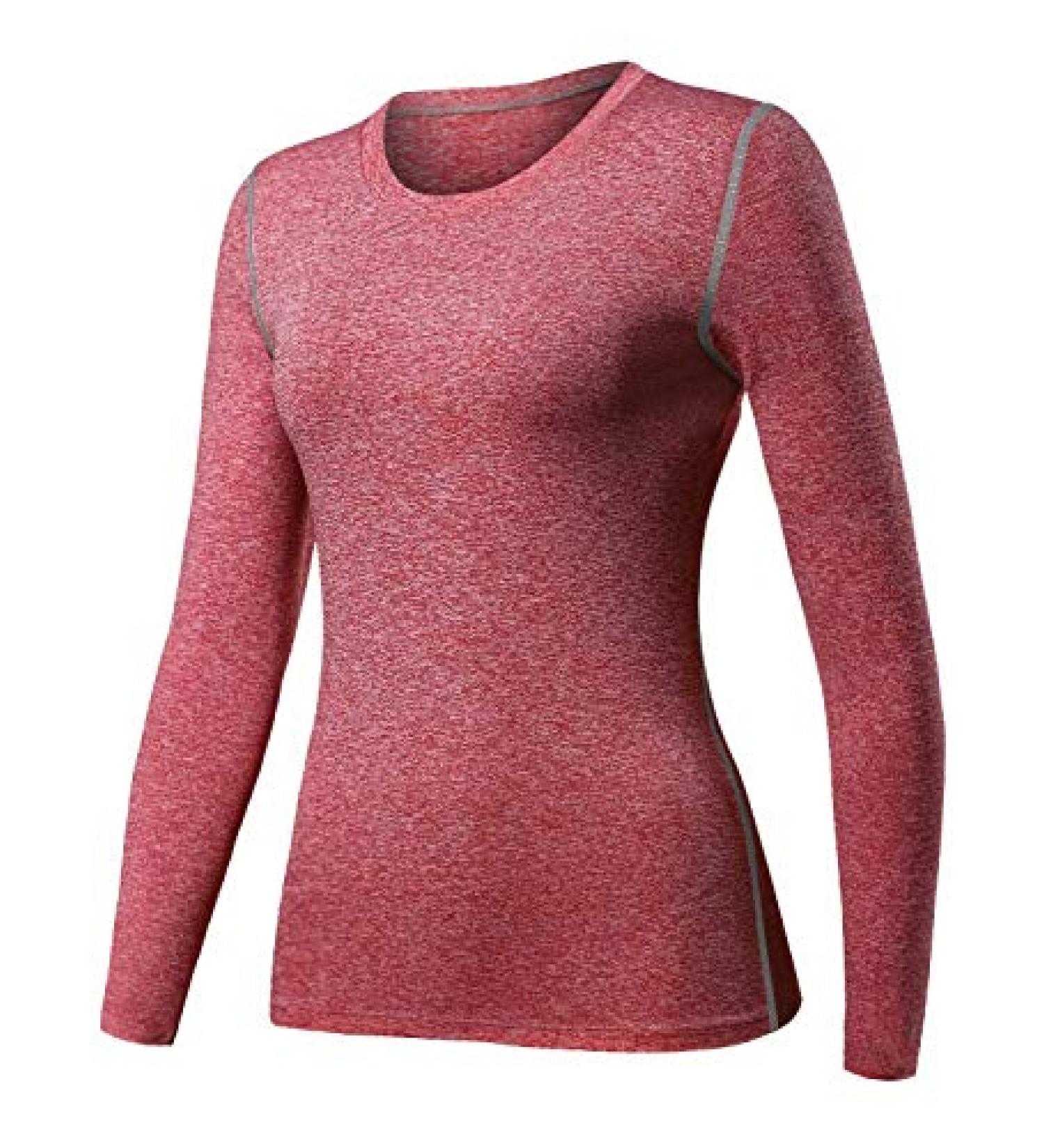 HuaTu Women Performance Compression Base Layer Long Sleeve Crew Neck Tops Tee T Shirts Large Red 2