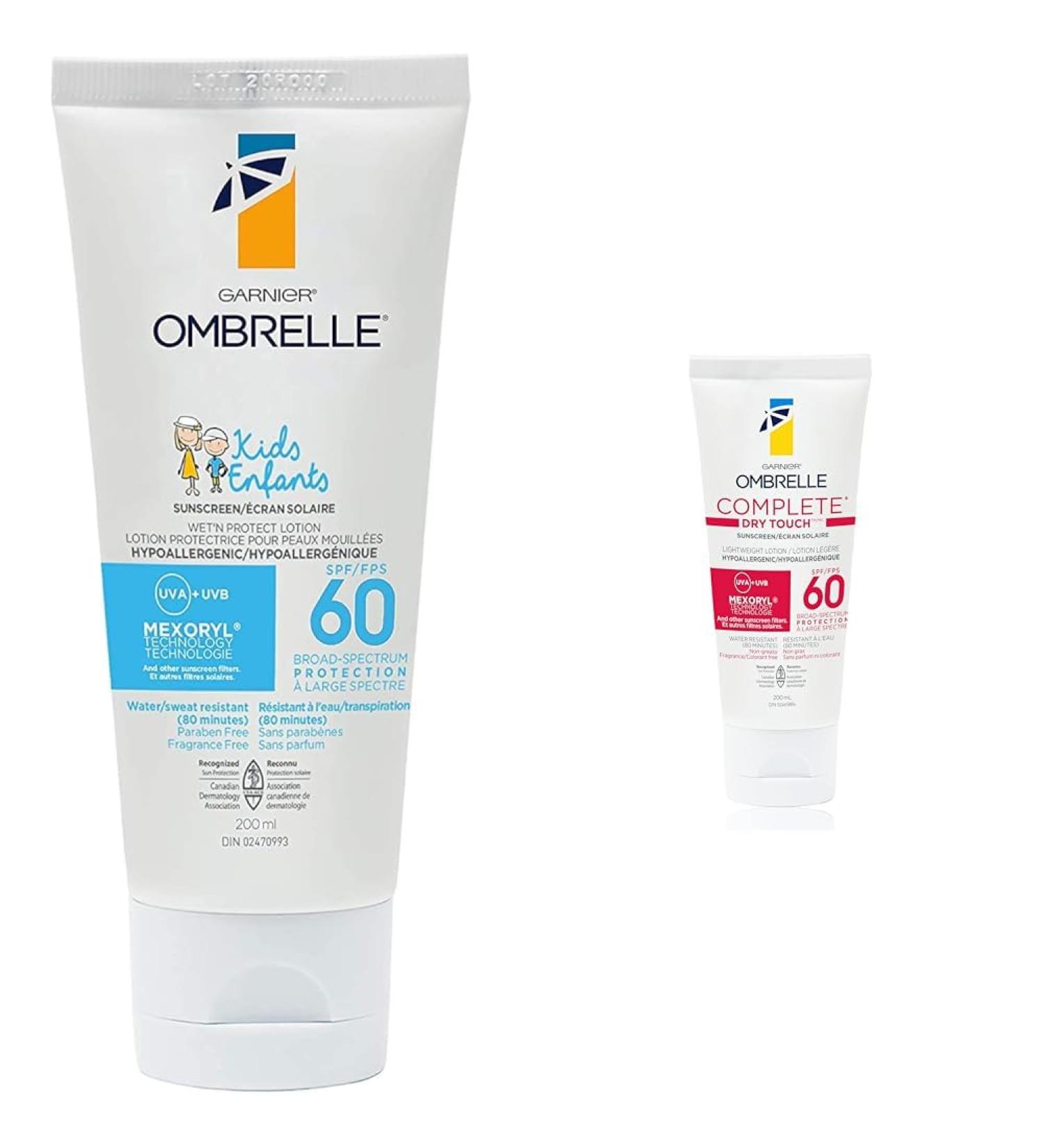 Garnier Ombrelle Kids Sunscreen Lotion SPF 60 Hypoallergenic Water & Sweat Resistant Fragance Fee 200mL & Ombrelle Sunscreen Complete Body Lotion SPF 60 200 mL- Sensitive Advanced - Buy Online on GoSupps.com