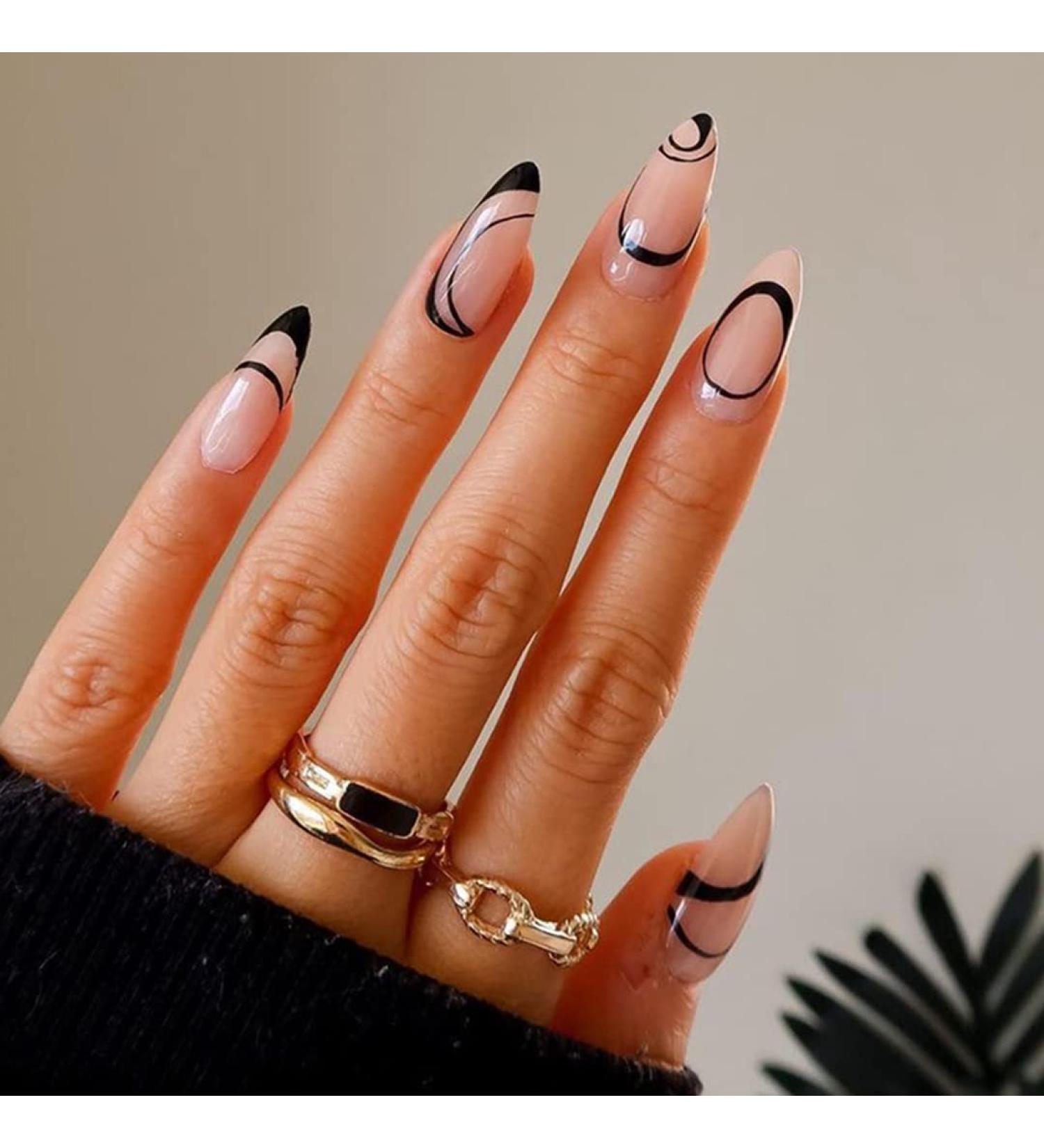 Sethexy Almond Shape False Nails 24st Swirl Acrylic Press-On Nails for Women & Girls in Black - Buy Online on GoSupps.com
