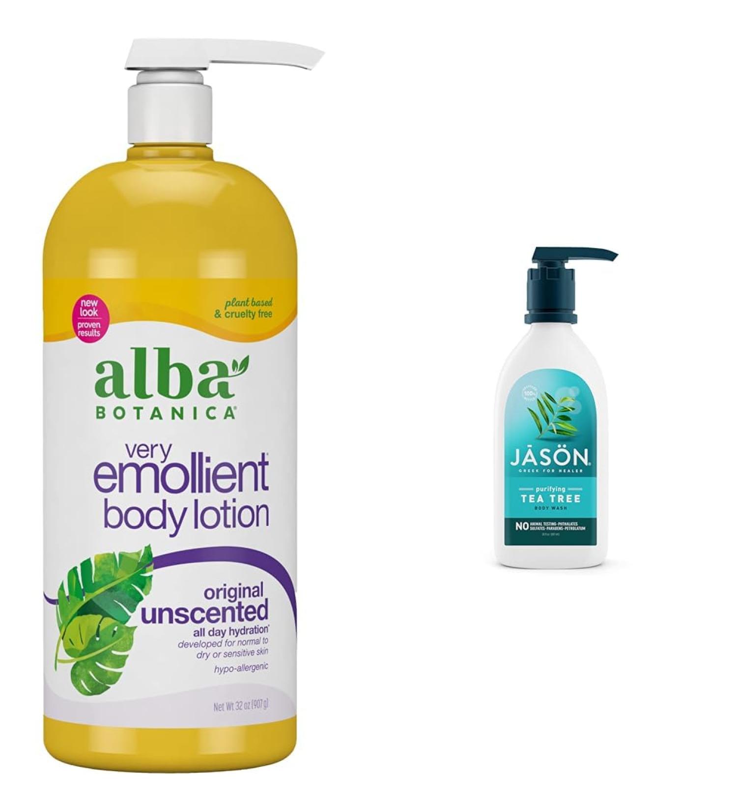 Alba Botanica Very Emollient Body Lotion Unscented Original 32 Oz & Jason Natural Body Wash & Shower Gel Purifying Tea Tree White 30 Fl Oz (Pack of 1) - Buy Online on GoSupps.com