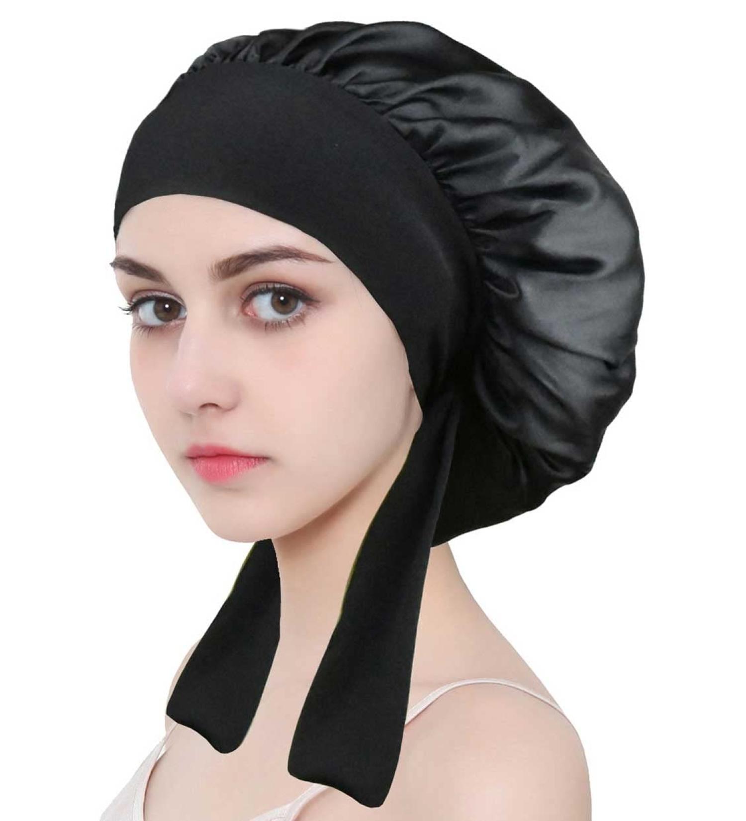 Satin Bonnet for Curly Hair | Silk Sleep Cap with Tie Band for Women | Large Black Night Sleep Cap - Buy Online on GoSupps.com
