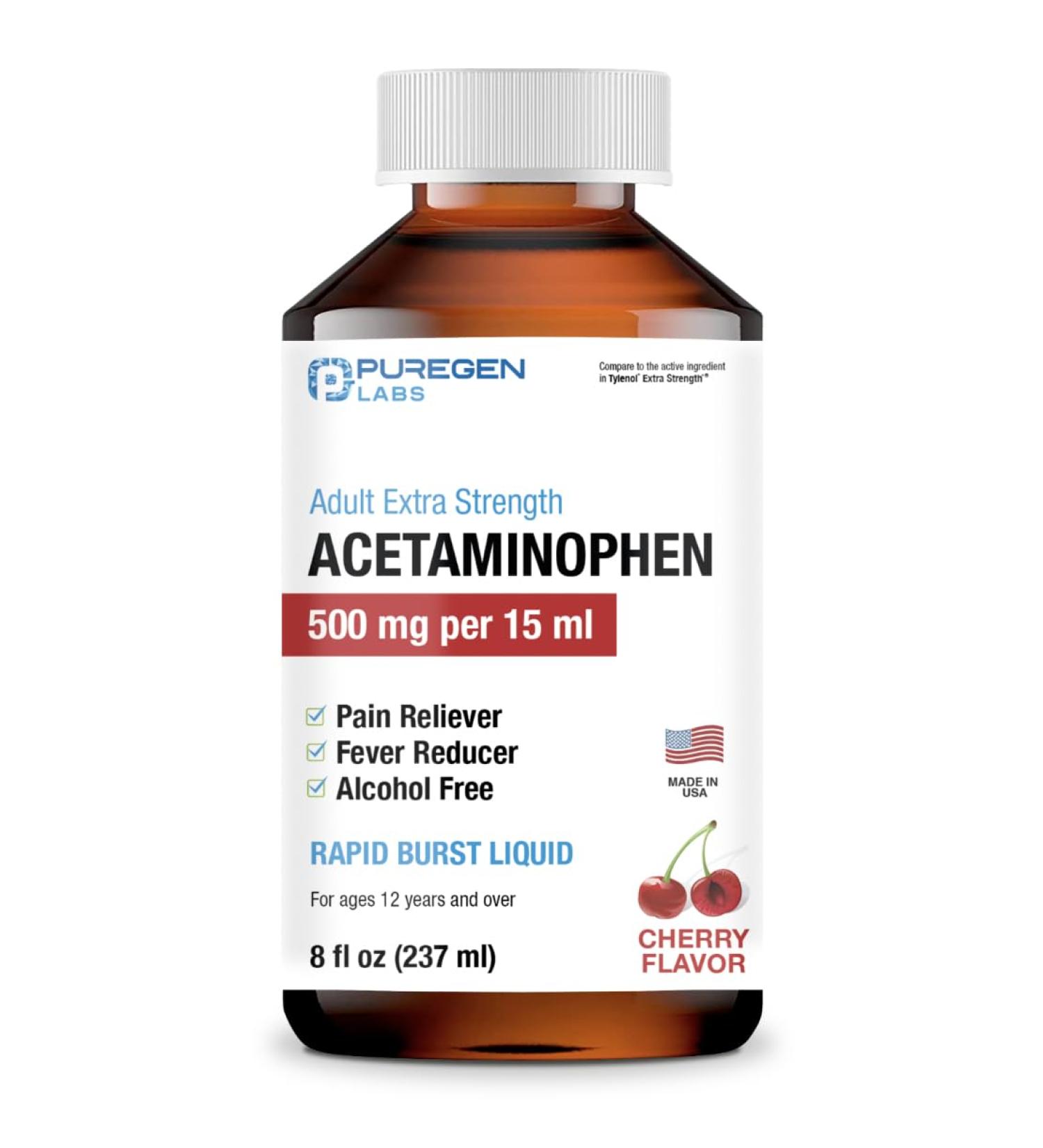 Puregen Labs Extra Strength Acetaminophen Liquid 500mg - Rapid Pain Reliever & Fever Reducer | Cherry Flavor | 8 fl oz | Muscle & Joint Relief Arthritis Pain - Buy Online on GoSupps.com