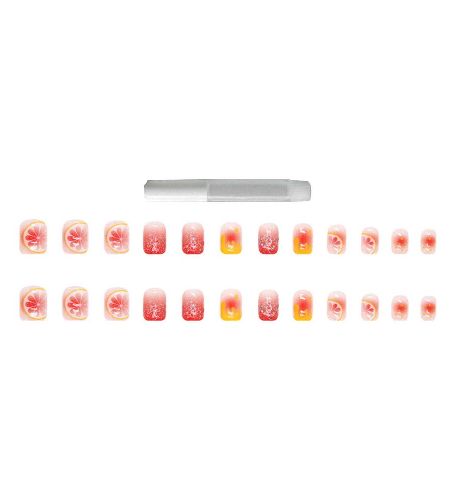 YOXIER Fake Nail Summer Refreshing Lemon Press On Faux Nail Easy Removal Women Supply Orange