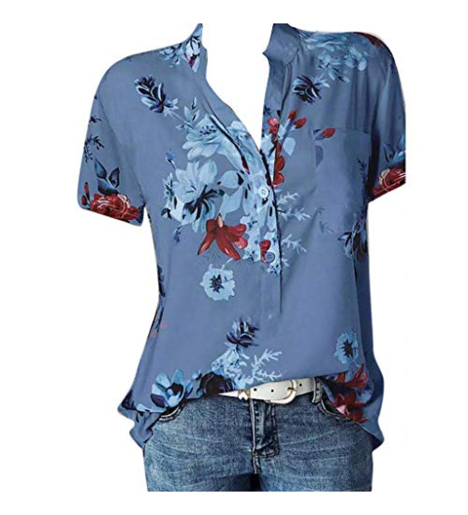 Women's Floral Printed Stand Collar V-Neck Top - Dressy Casual Trendy Blouse - Blue, Large - Buy Online on GoSupps.com