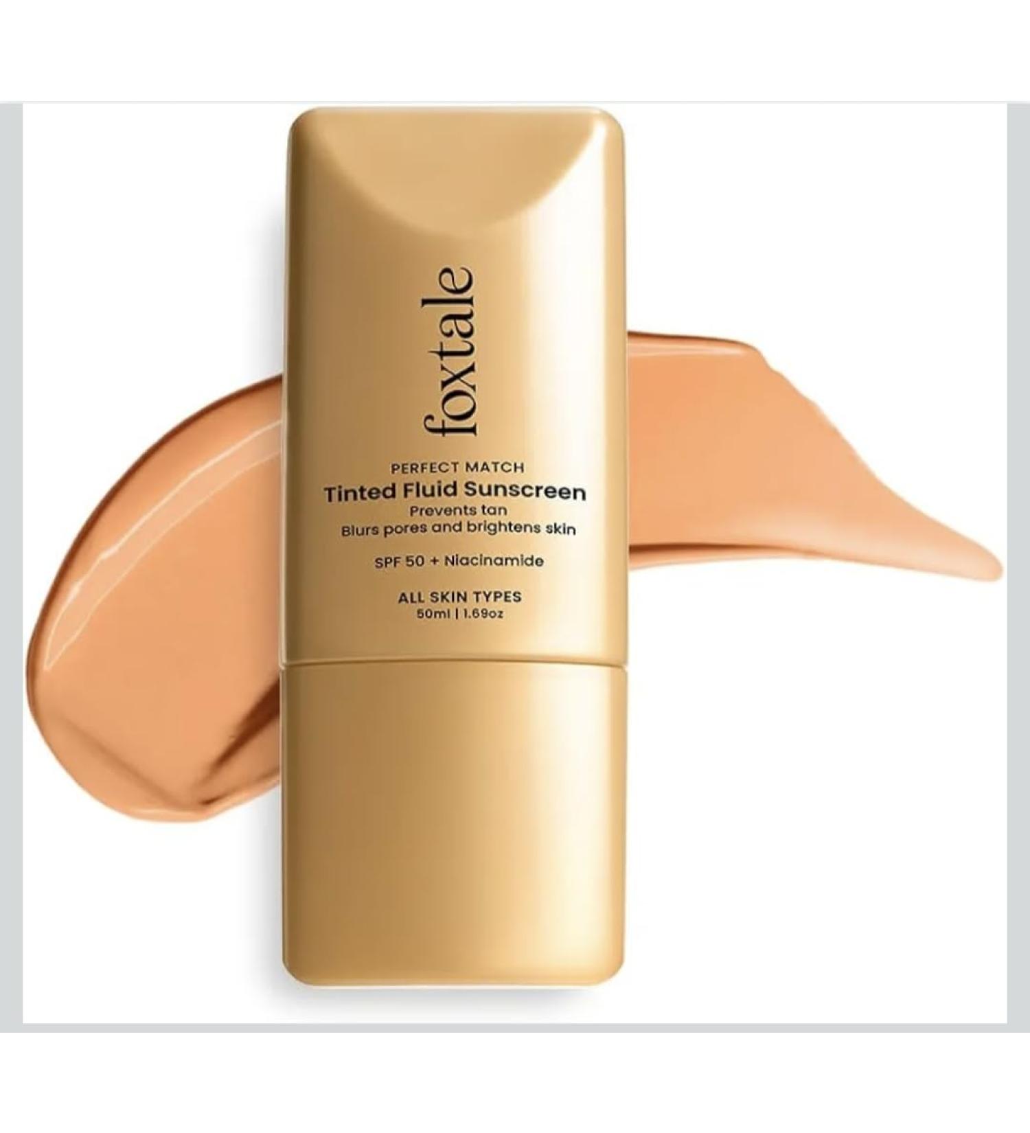 Fox..tale Perfect Match Tinted Fluid Sunscreen SPF 50 PA++++ Clay Shade with Niacinamide and Vitamin E UVA/UVB Protection Blurs Pores Evens Tone Non-Oily Glow All Skin Types 1.69 oz - Buy Online on GoSupps.com