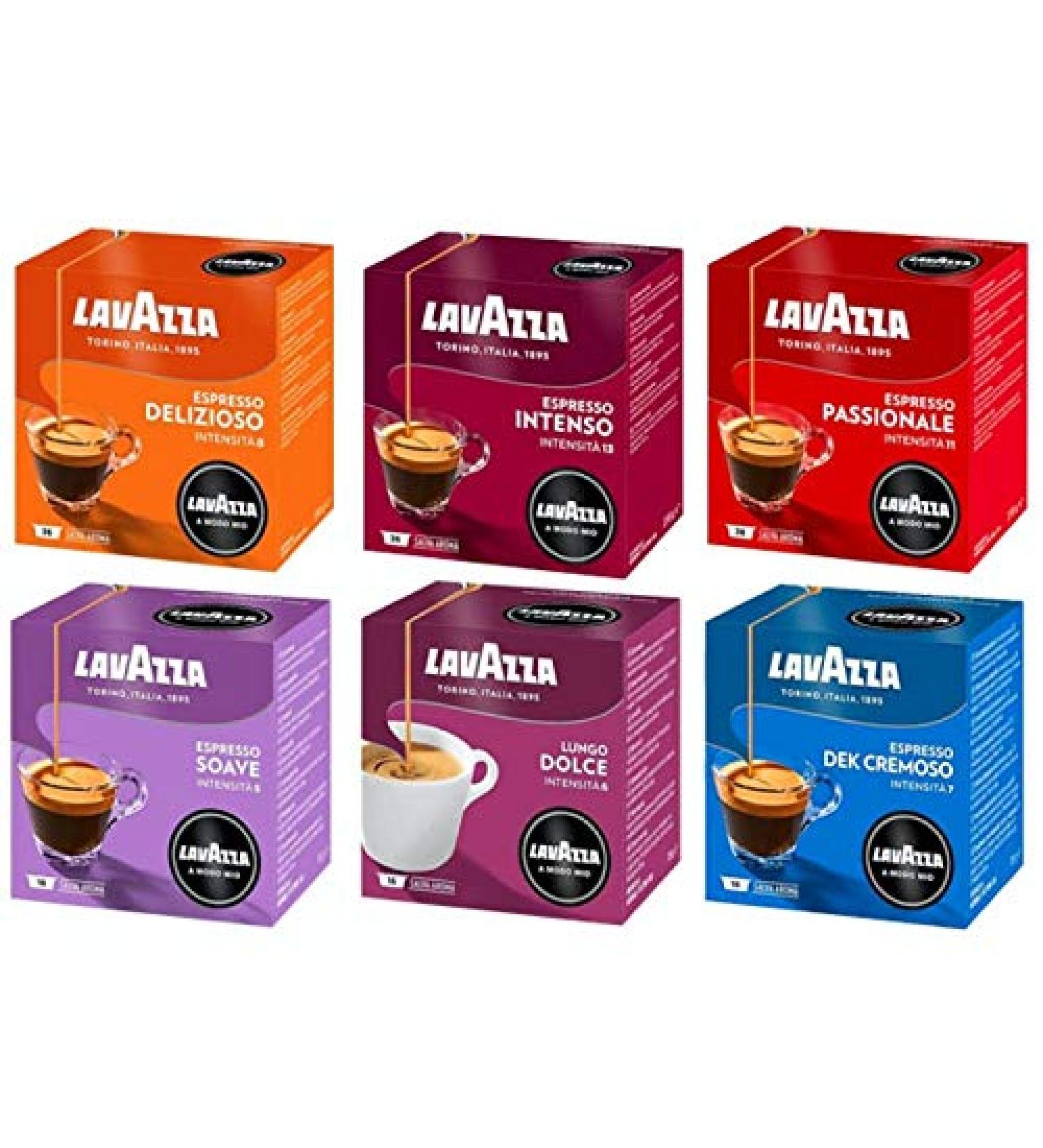  Sperax Lavazza A Modo Mio Pack D couvertes 6 Boites de 16 Capsules Assorted Delisiozo Dek Cremoso Intenso Passionale Lungo Dolce Espresso Soave caf Original 96 Capsules - Buy Online on GoSupps.com