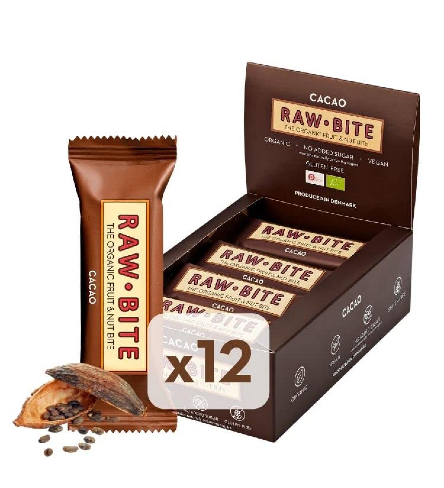 Rawbite Cacao in the 12er box-vegan gluten-free and without added sugar (contains naturally sugar)-organic fruit nut bar with cocoa (12 x 50 g) single cacao 12 pieces (1 Pack)