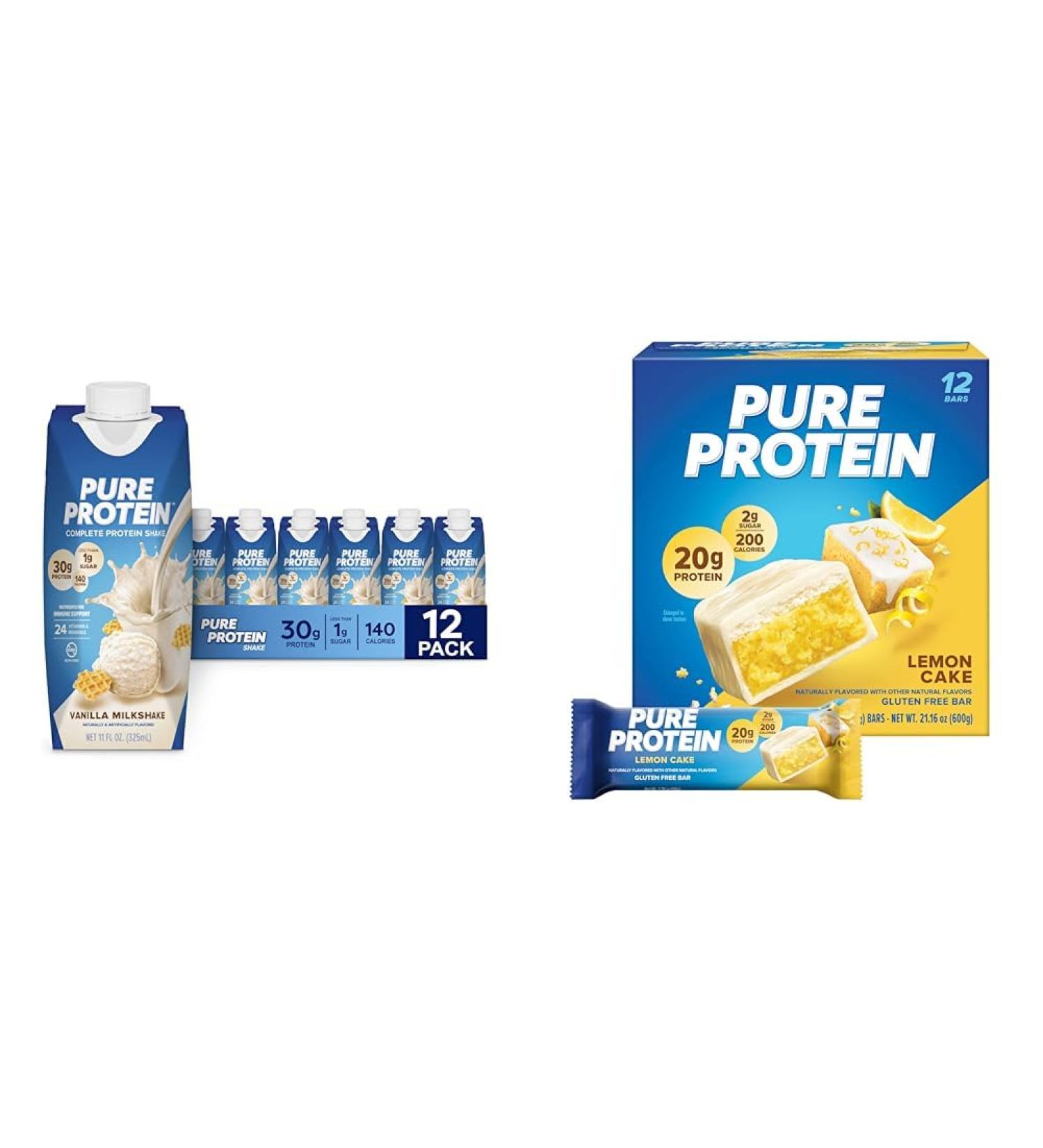 Pure Protein Vanilla Protein Shake 30g Complete Protein Vitamins A C D and E plus Zinc & Bars High Protein Nutritious Snacks to Support Energy Low Sugar Lemon Cake 1.76 oz - Buy Online on GoSupps.com