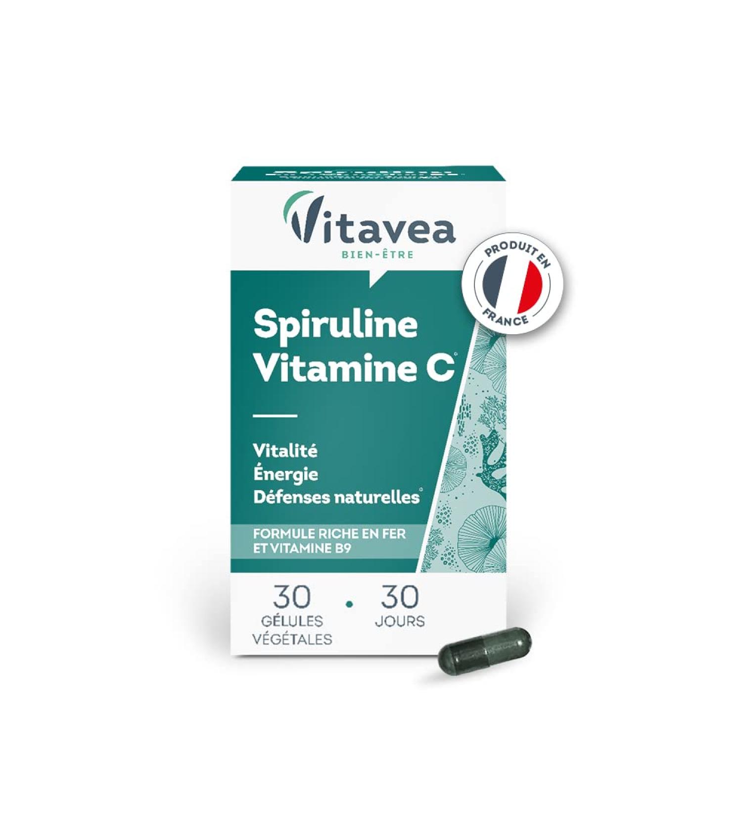 VITAVEA WELL-BEING - Spirulina Vitamin C Iron Vitamin B9 - Blue Algae Folic Acid Ascorbic Acid - Energizing Natural Defenses - Made in France - 30 Vegetable Capsules - Buy Online on GoSupps.com
