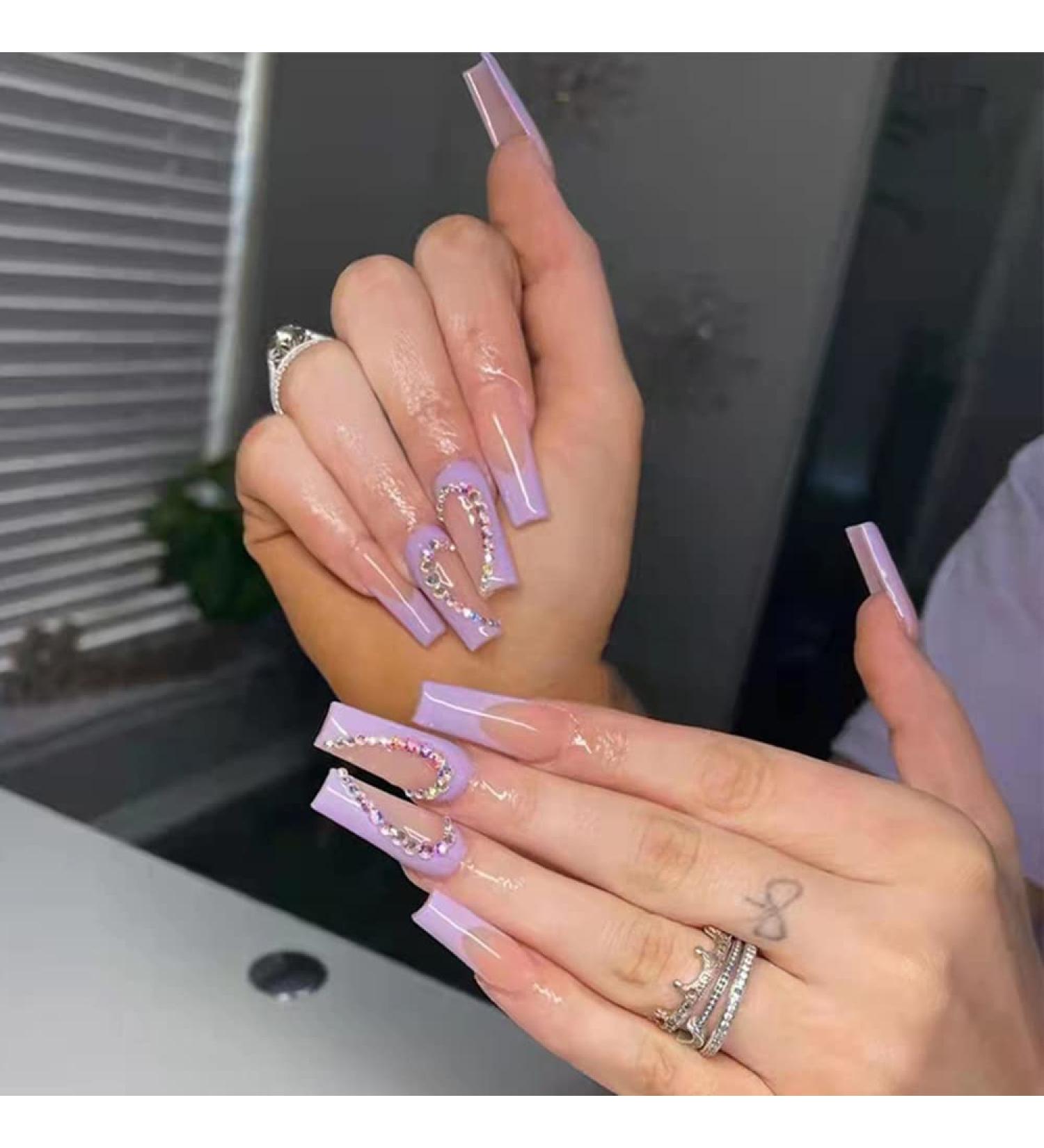 Buy Xerling Bling Rhinestones Press-on Nails - Purple Full Cover French Coffin False Nails for Women | 24Pcs Long Crystal Nails with Charms (Pattern E) - Fast International Shipping - Buy Online on GoSupps.com
