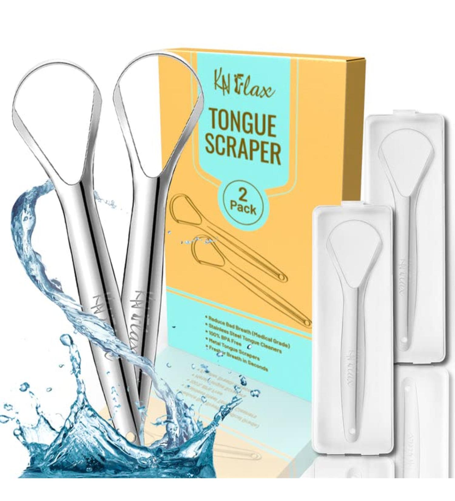 KN FLAX Tongue Scraper 2 Pack - Medical Grade, BPA Free Metal Tongue Cleaner for Adults and Kids - Reduce Bad Breath, Maintain Oral Care - Easy to Use, Non-Synthetic Handle - Buy Online on GoSupps.com