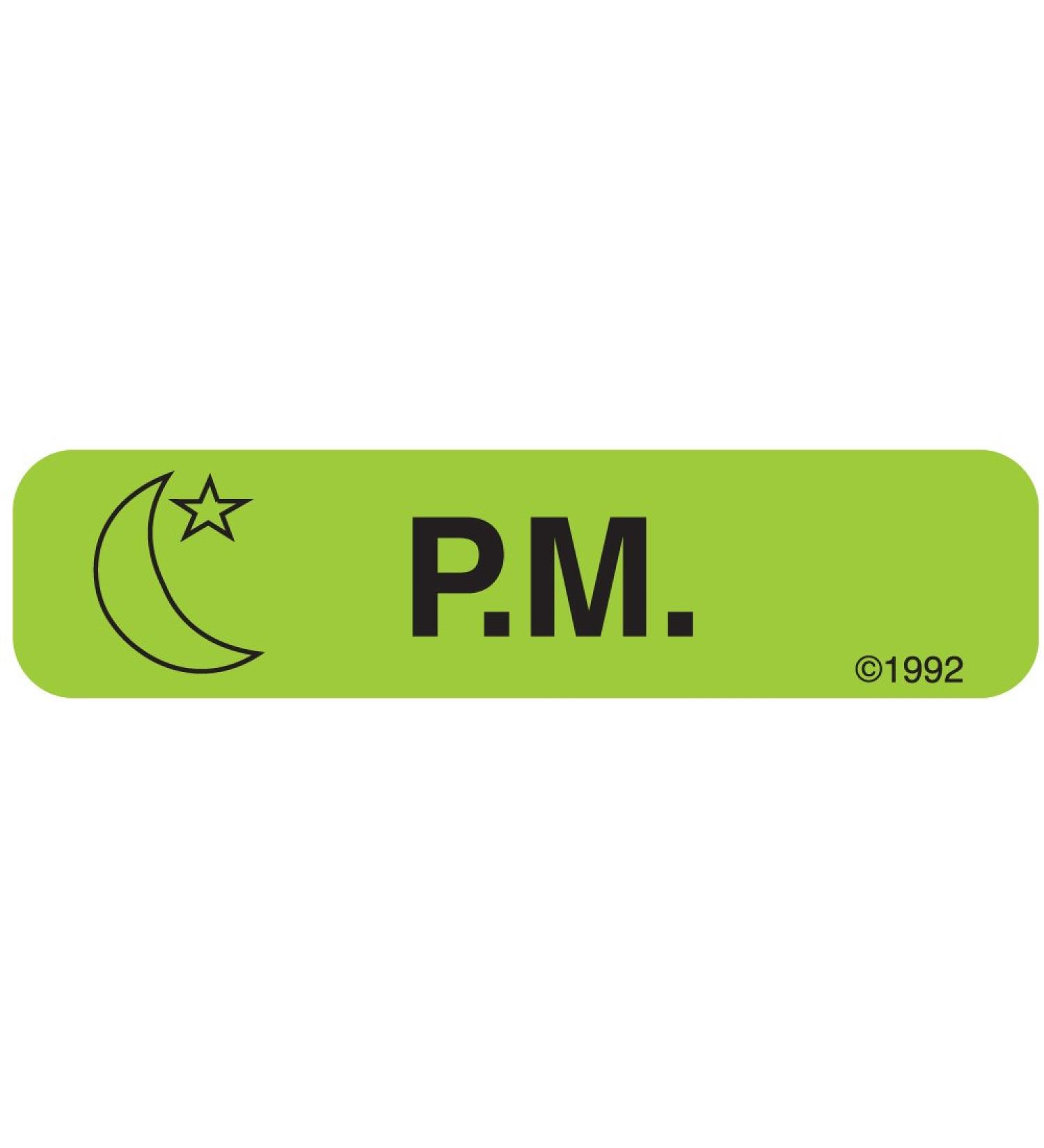 PHARMEX 1-350 Permanent Paper Label P.M 1 9/16 x 3/8 Green (500 per Roll 2 Rolls per Box)