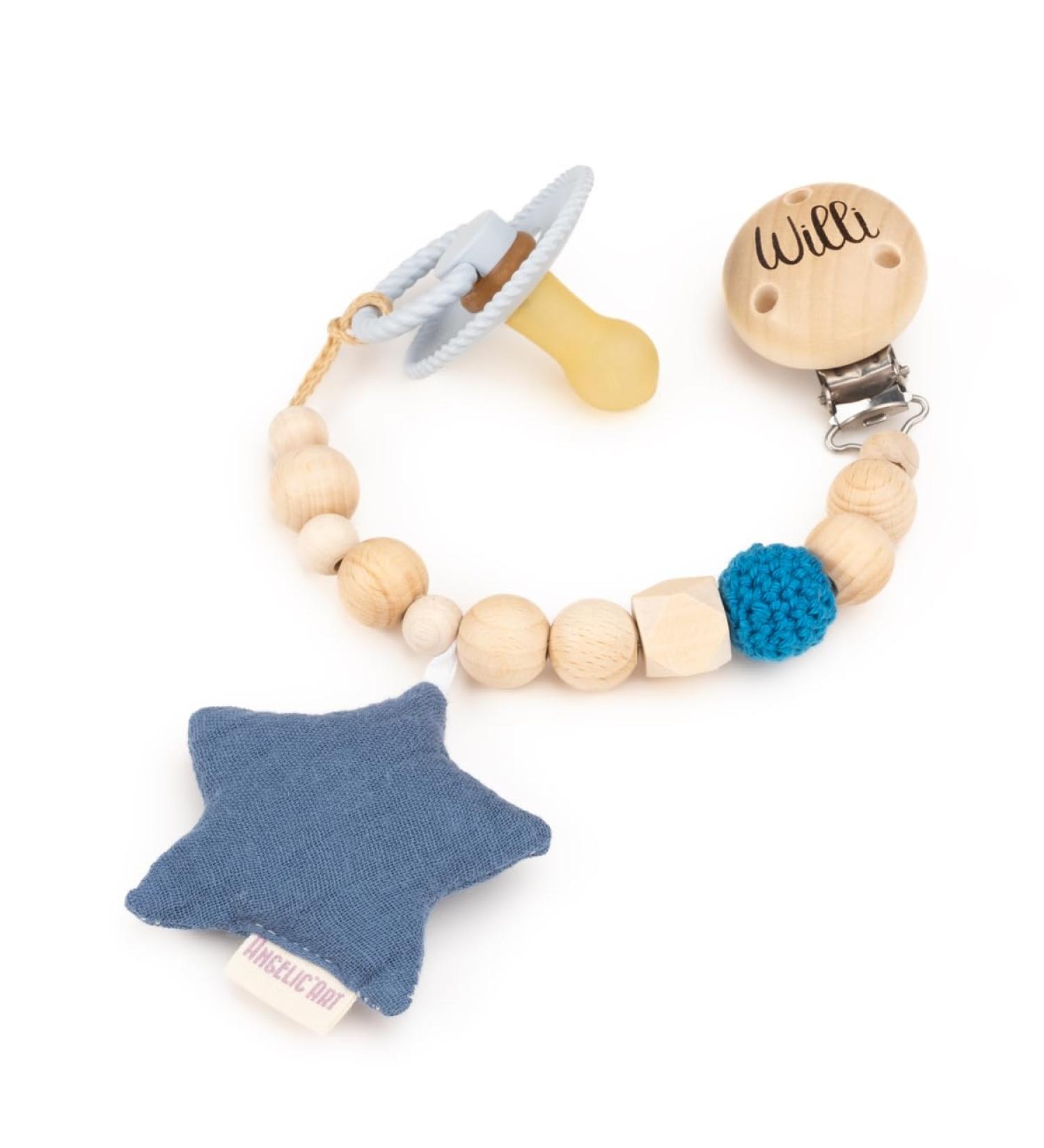 Personalized AngelicArt Nuckel Chain for Boys & Girls - Engraved Name Suckel Chain Gift for Babies - Natural Wood & Musselin Fabric (Indigo Star) - Buy Online on GoSupps.com