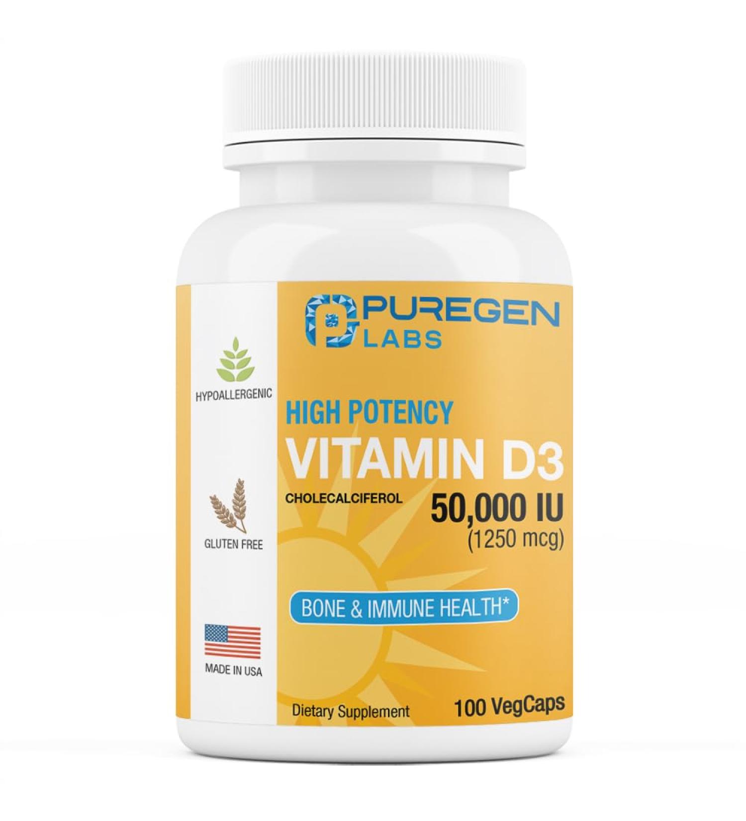 Puregen Labs Vitamin D3 50 000 IU (1250 mcg) 100 Weeks Supply for Healthy Muscle Function and Immune Support Non-GMO Gluten Free 100 Vegetable Capsules 100 Count (Pack of 1) - Buy Online on GoSupps.com