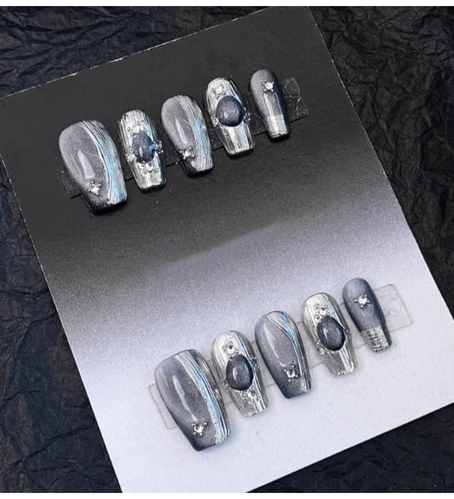 Y2K False Nail Kit Silver Gray Press On Nails Almond Handmade Jelly Gel Fake Nail -3D Sliver Glitter Flash Technology Sense Cat Eye Glitter Almond Glue On Nail Stiletto Acrylic Short Oval Stick On False Nail for Women (XS Small Nail Bed 20mm) - Buy Online on GoSupps.com